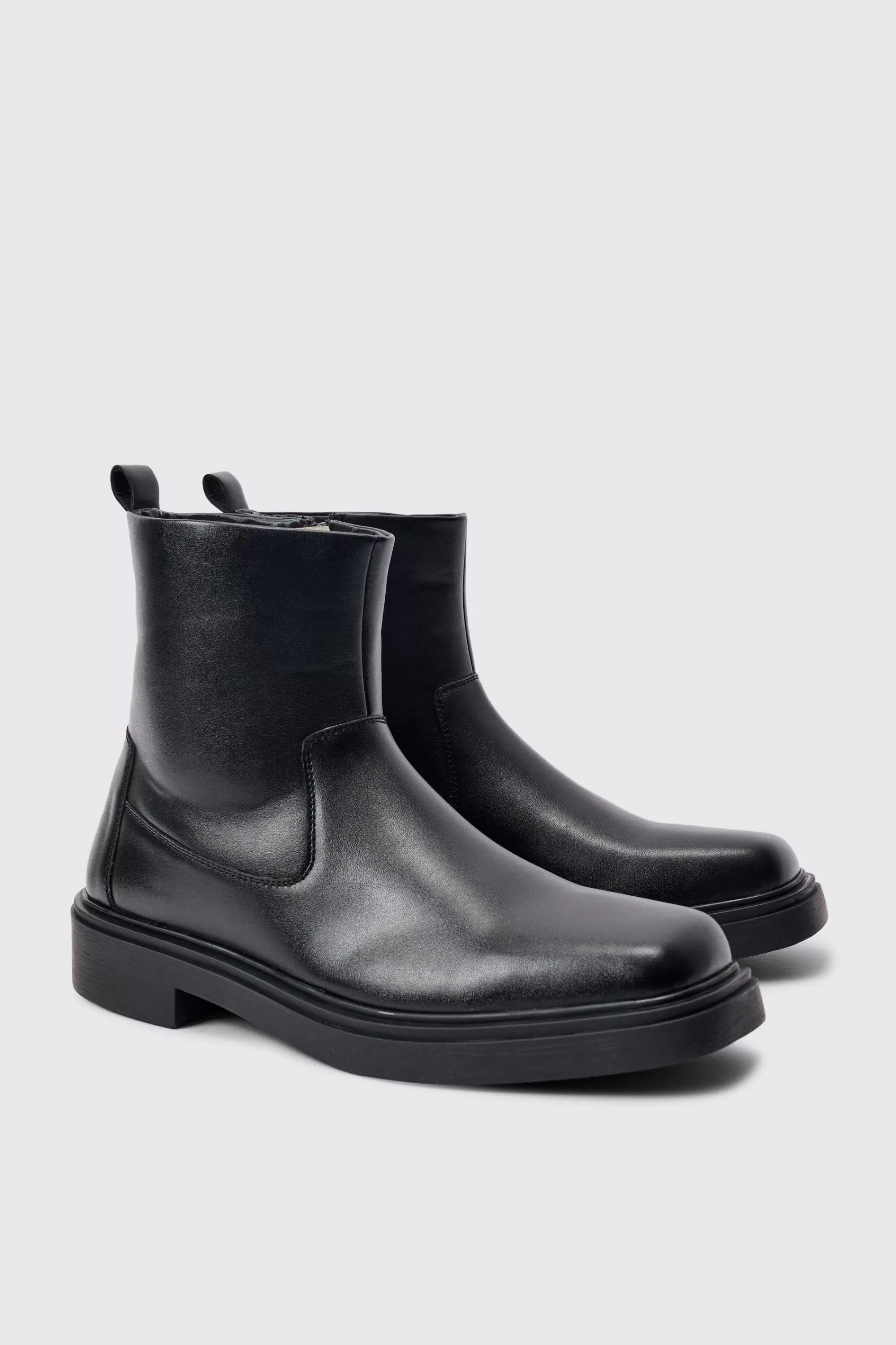 boohooMAN PU Square Toe Zip Up Boot In | UK