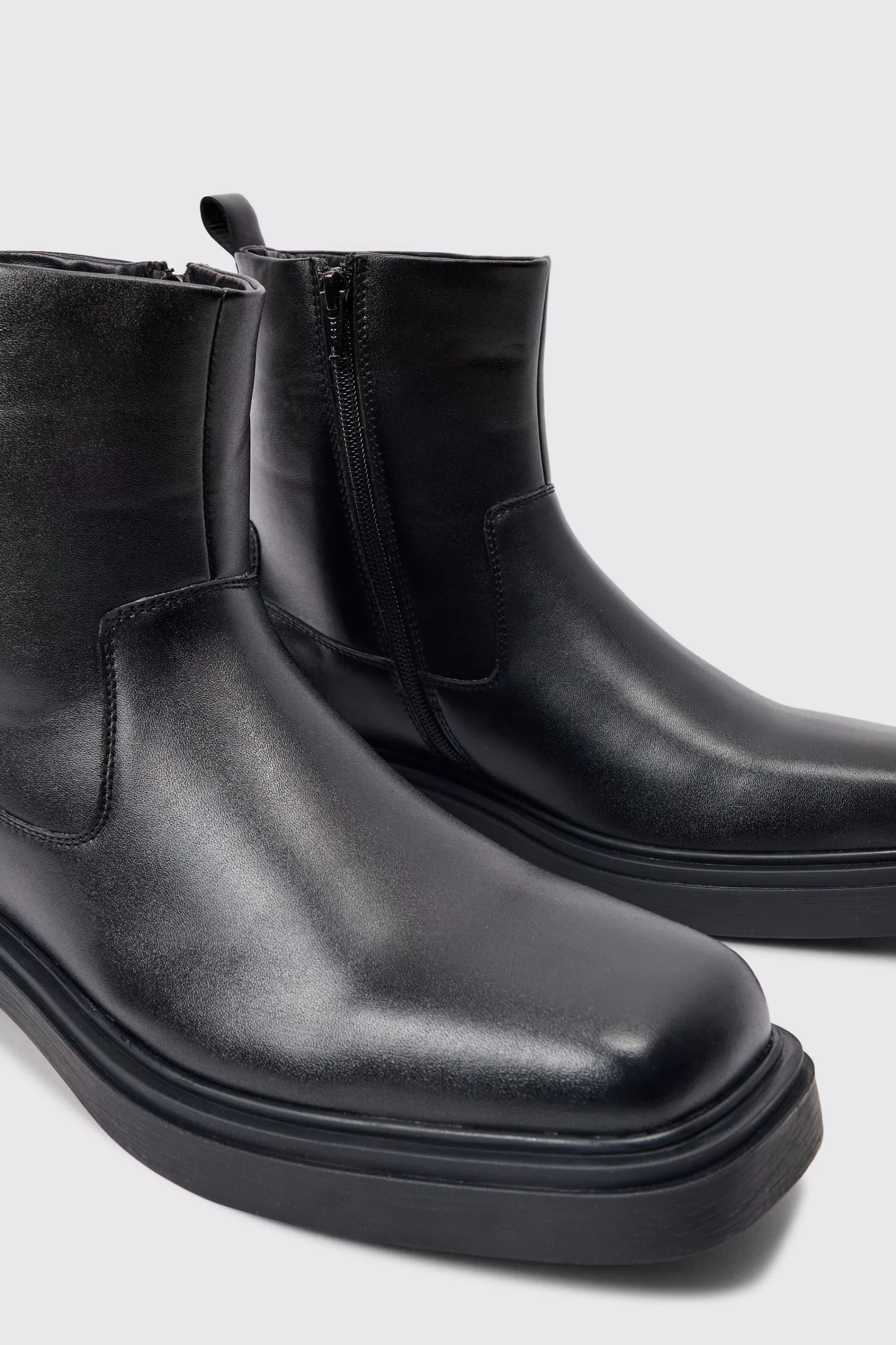 boohooMAN PU Square Toe Zip Up Boot In | UK