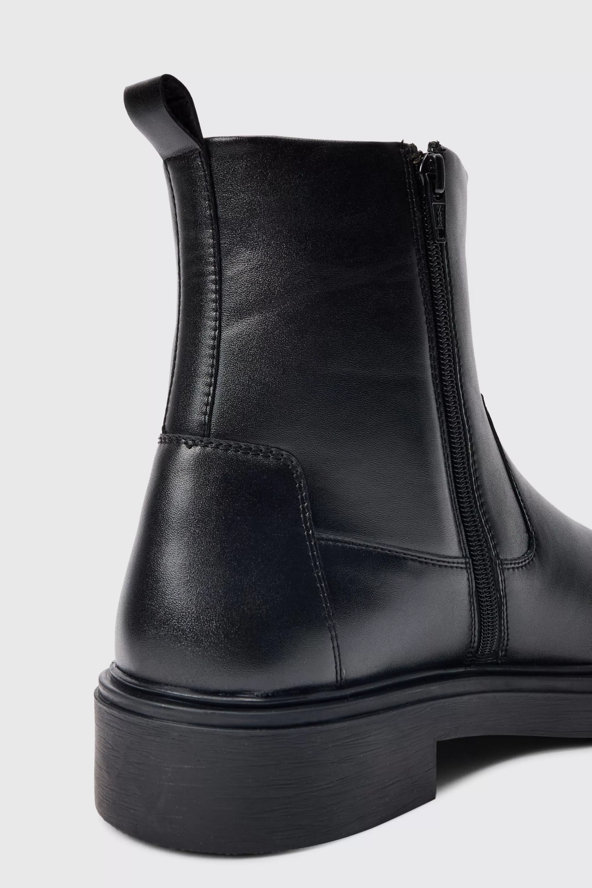 boohooMAN PU Square Toe Zip Up Boot In | UK