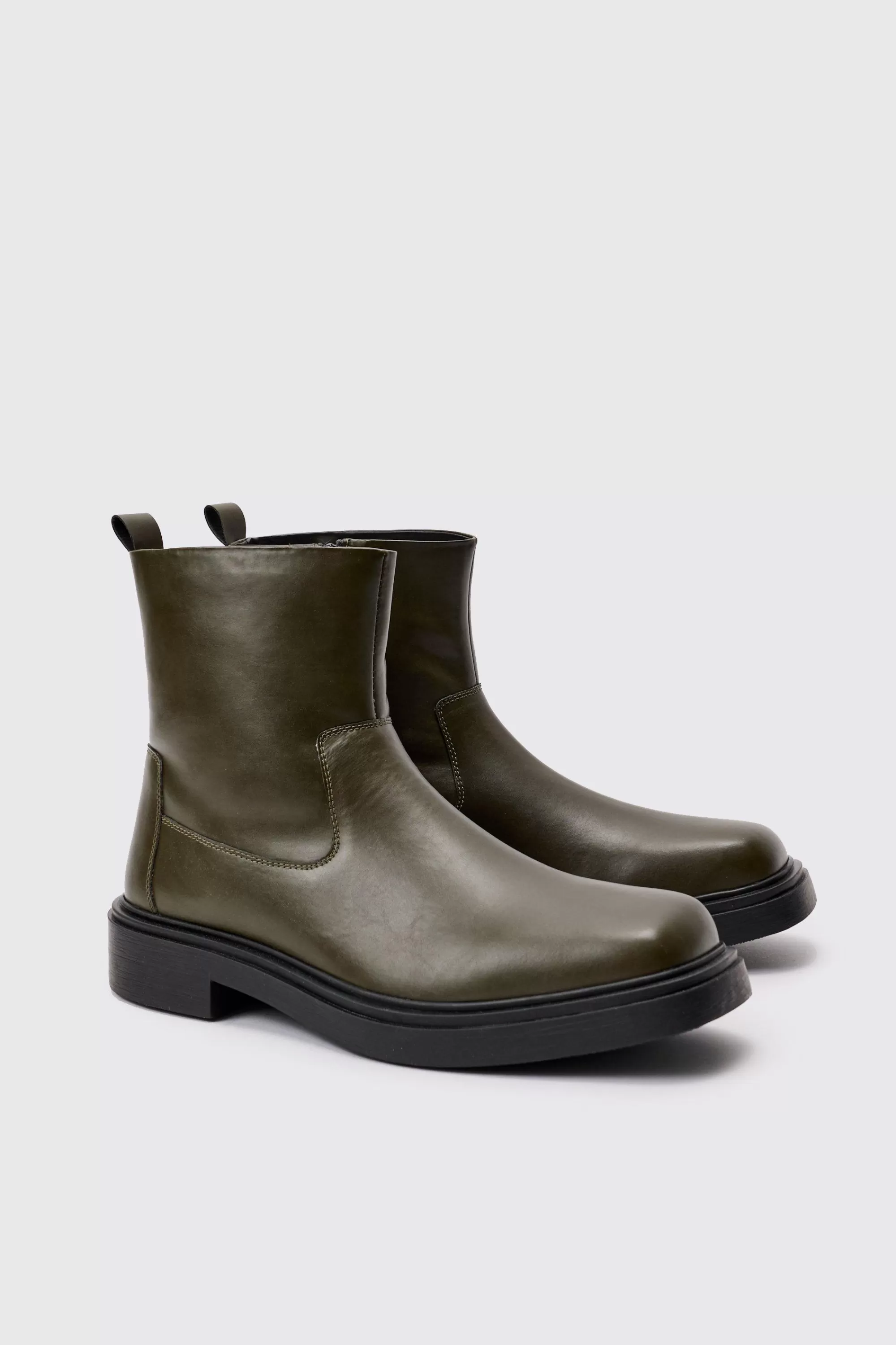 boohooMAN PU Square Toe Zip Up Boot In | UK