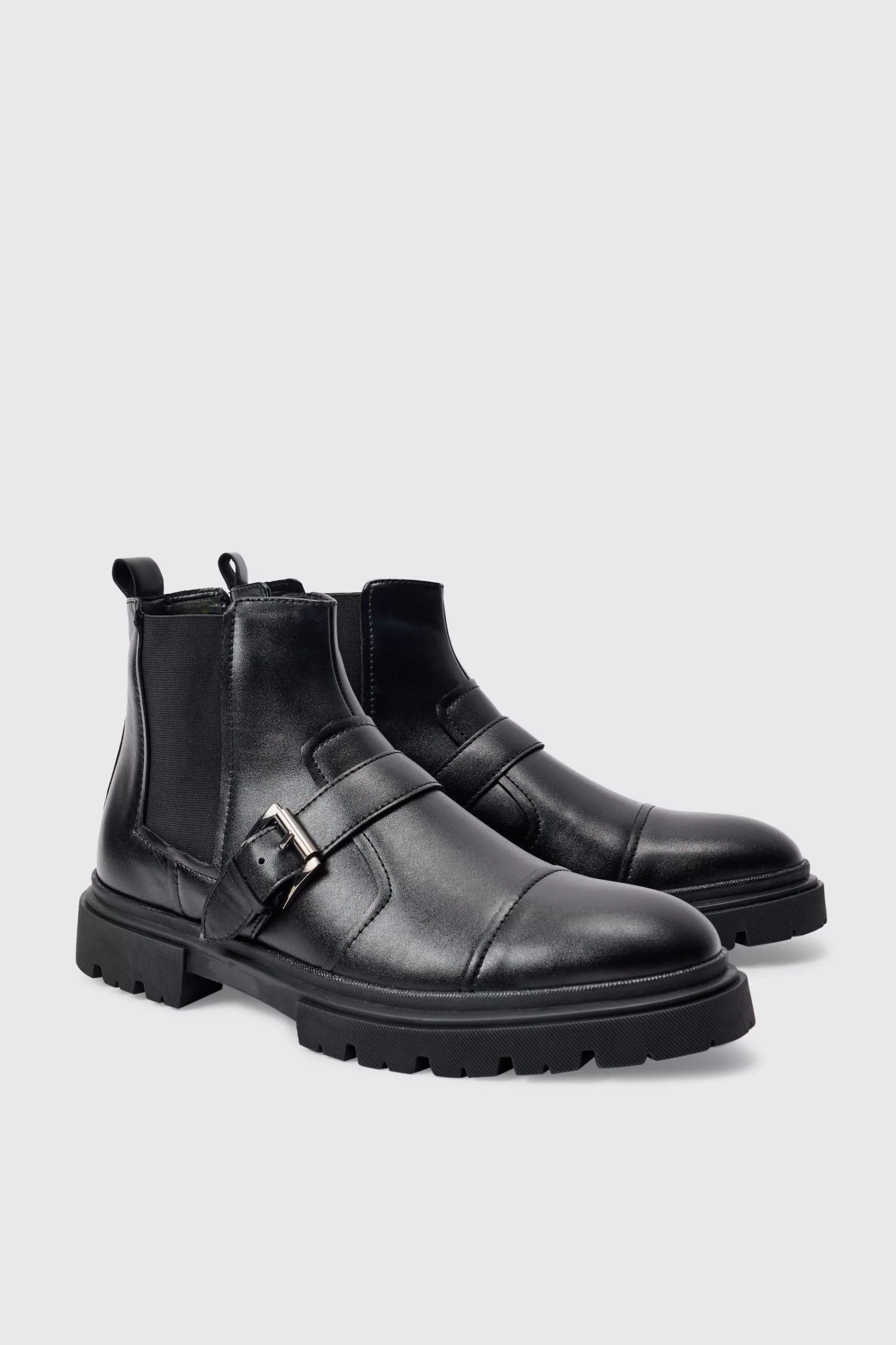 boohooMAN PU Strap Detail Chunky Boot In | UK