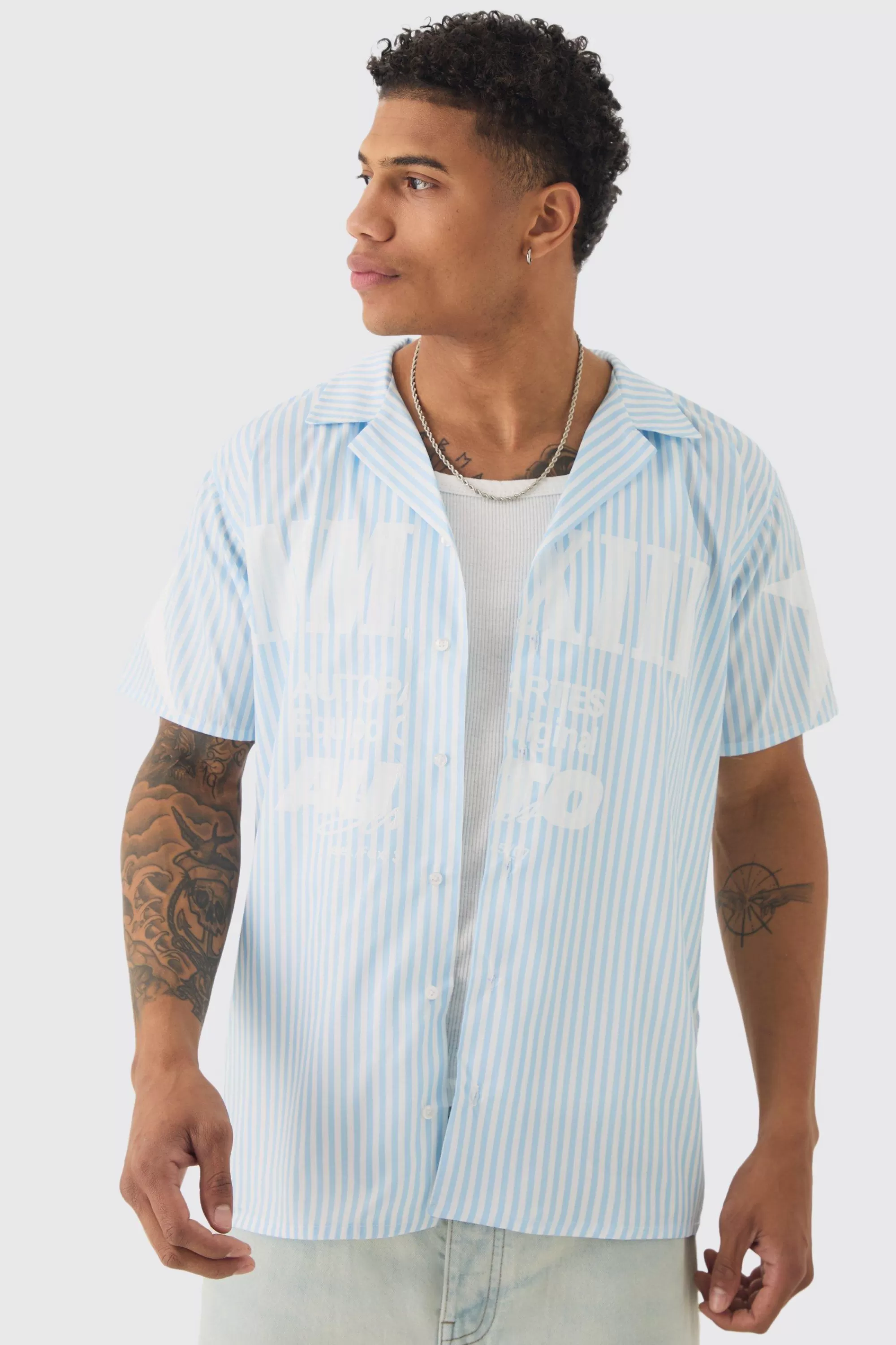 boohooMAN Regular Collared Stripe Graphic Shirt | UK
