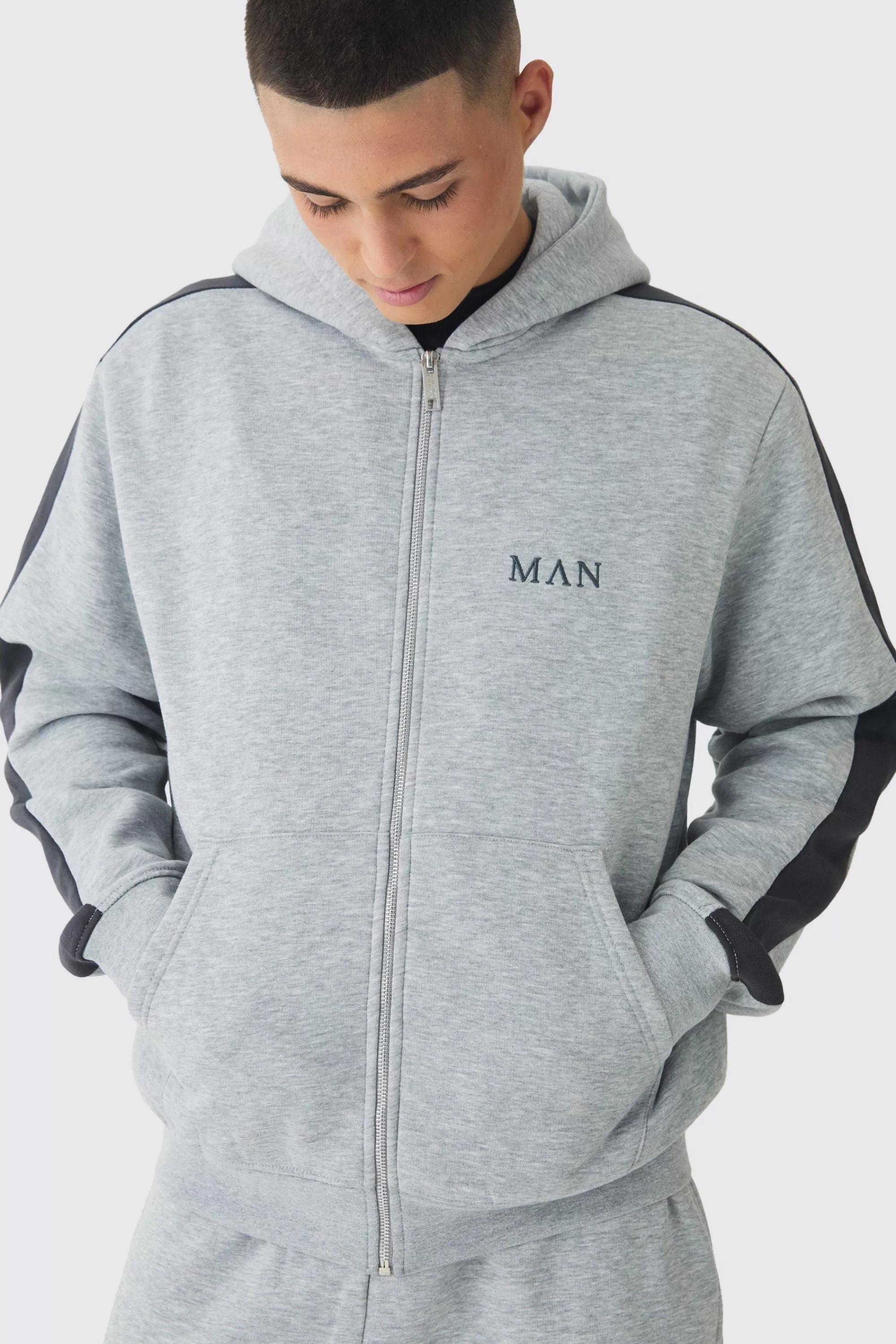 boohooMAN Regular Fit Colour Block Cargo Pocket Zip Through Hooded Tracksuit | UK