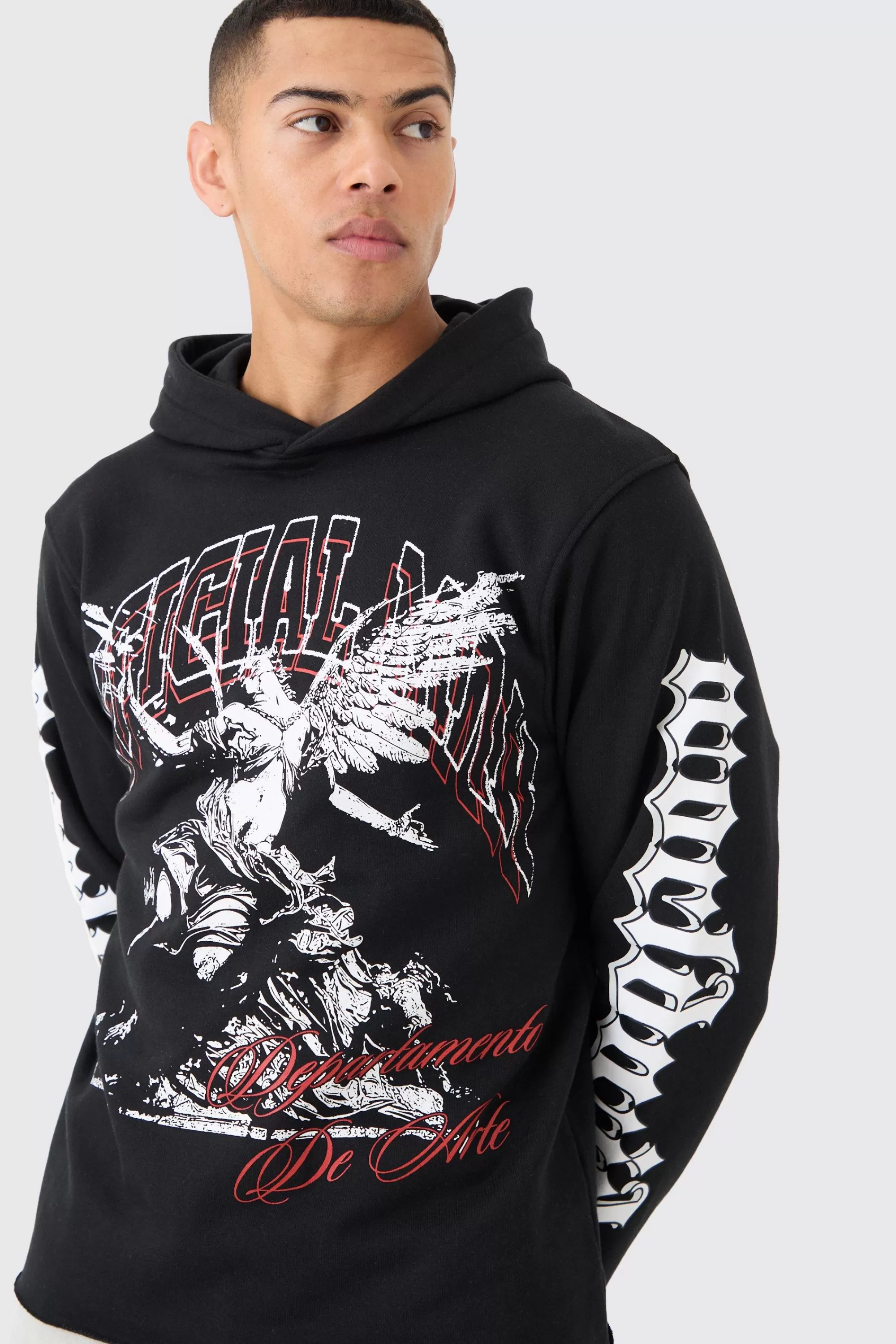 boohooMAN Regular Fit Large Graphic Raw Hem Hoodie | UK