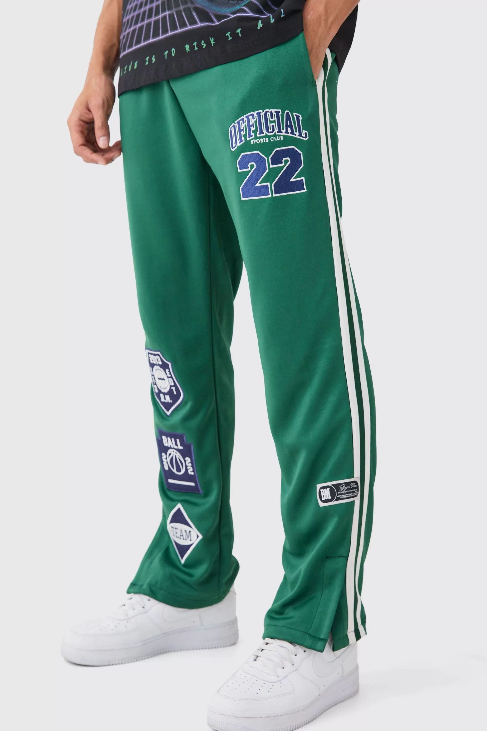 boohooMAN Regular Fit Split Hem Tricot Tape Jogger | UK