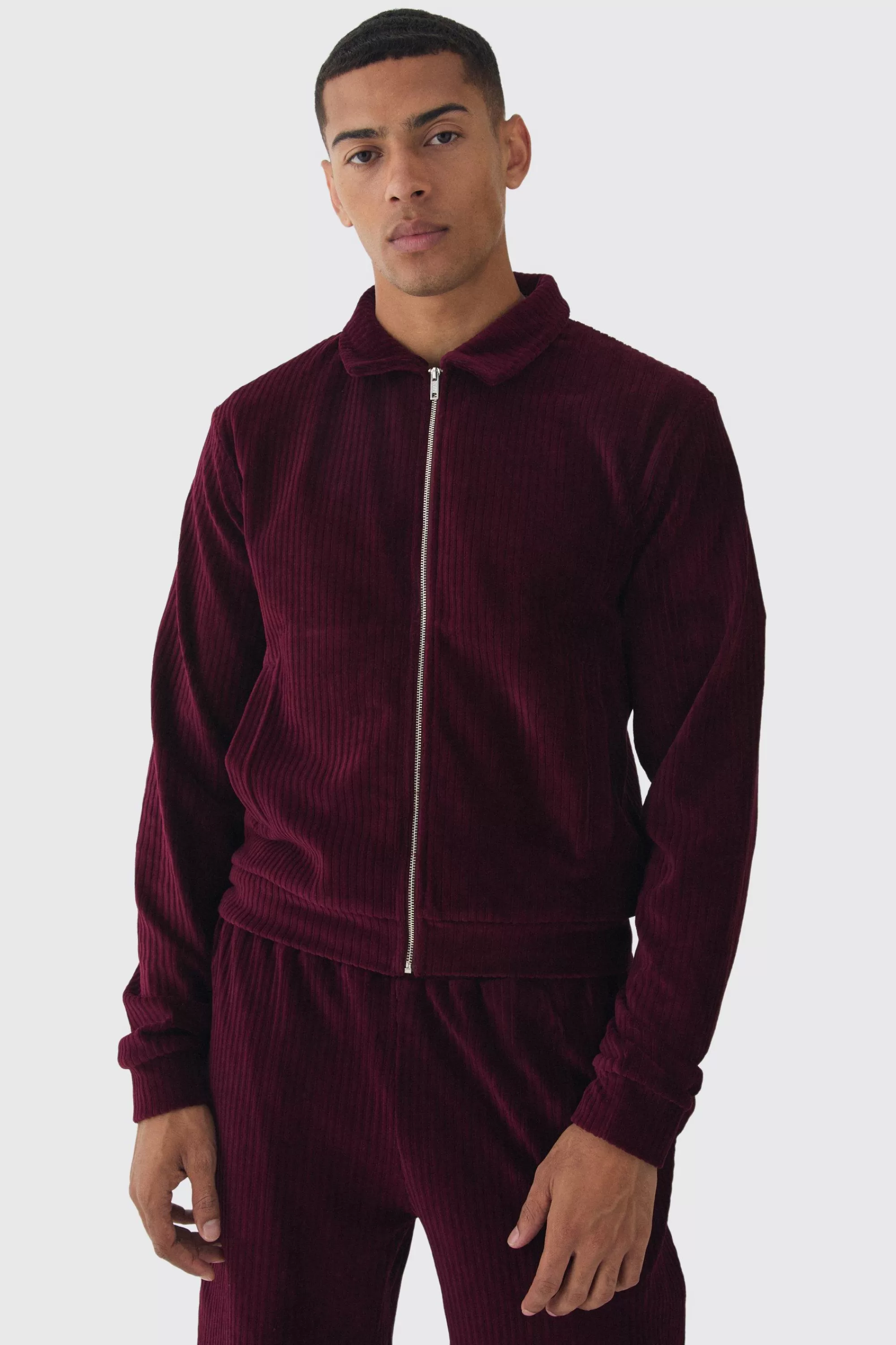 boohooMAN Regular Fit Velour Pleated Track Top | UK