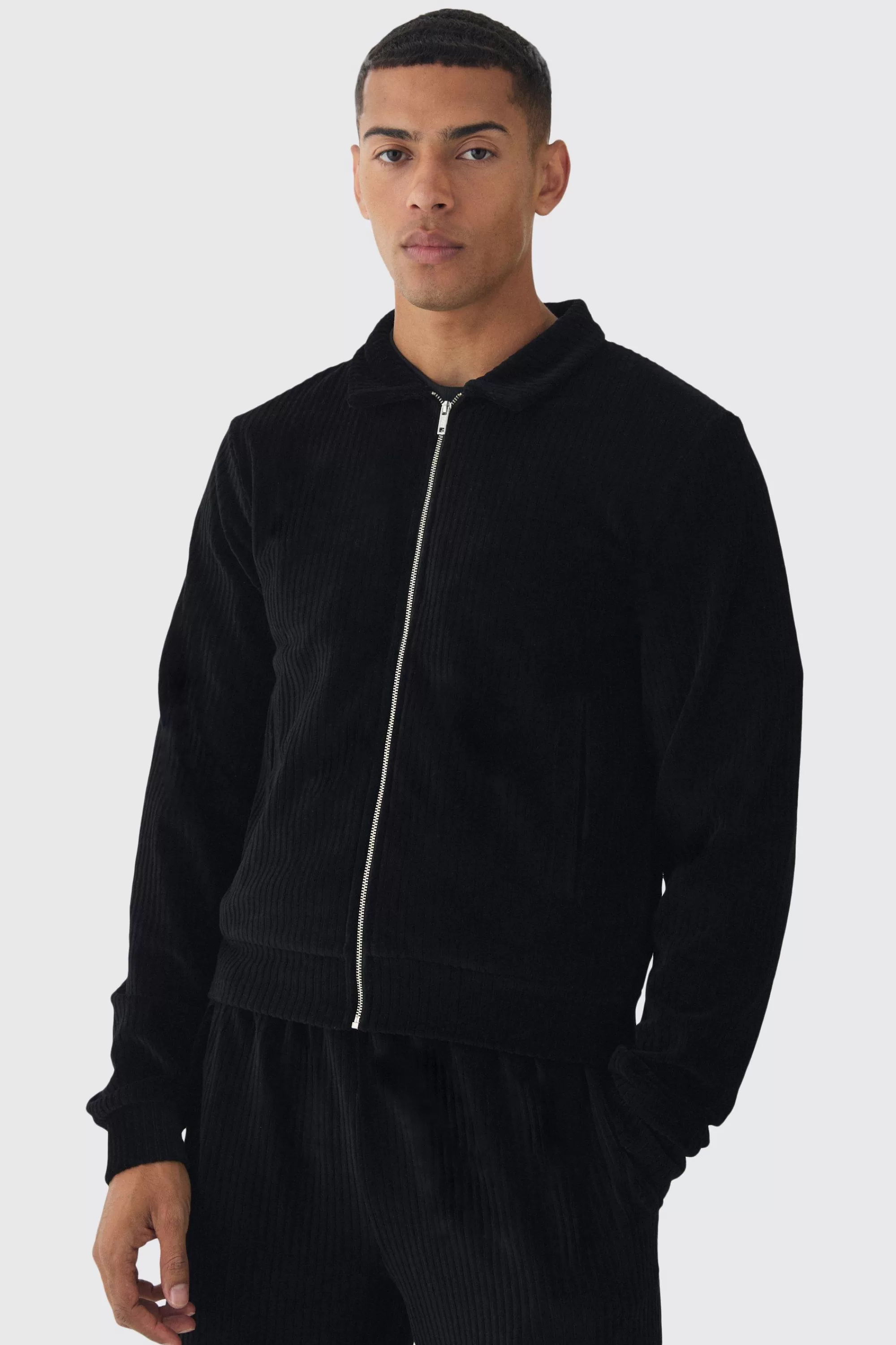 boohooMAN Regular Fit Velour Pleated Track Top | UK