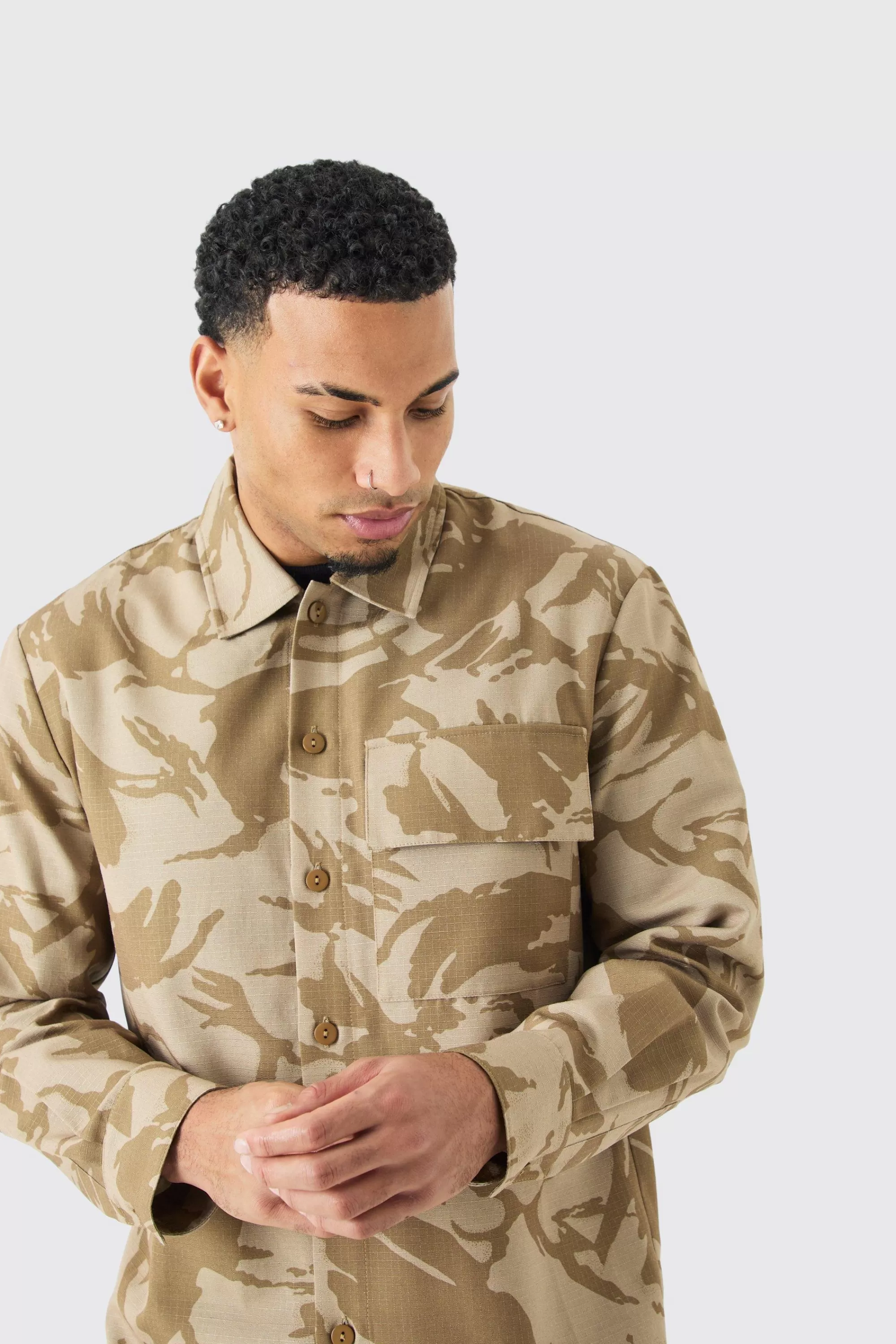 boohooMAN Regular Long Sleeve Ripstop Camo Overshirt | UK