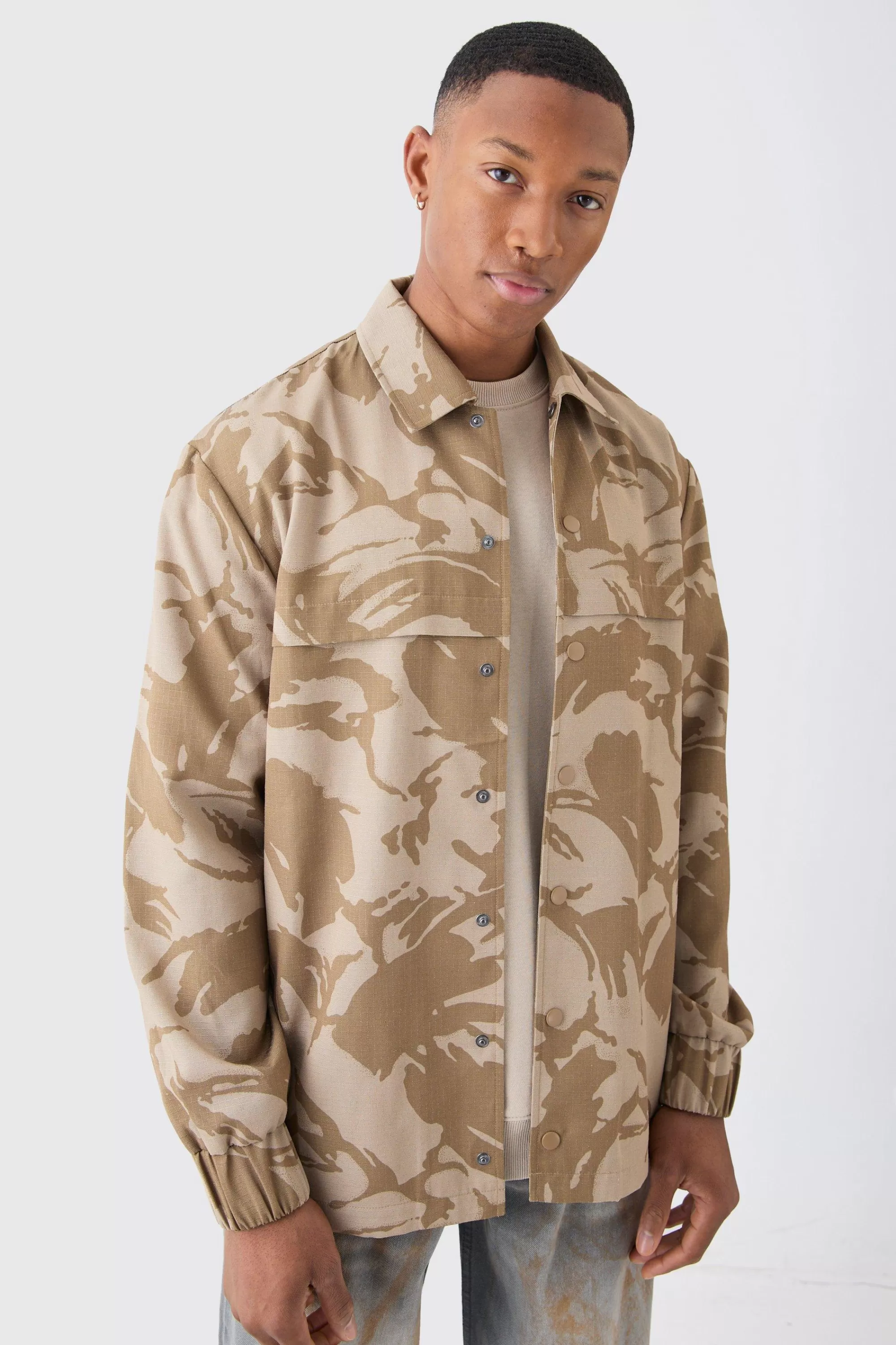 boohooMAN Regular Long Sleeve Ripstop Popper Camo Overshirt | UK