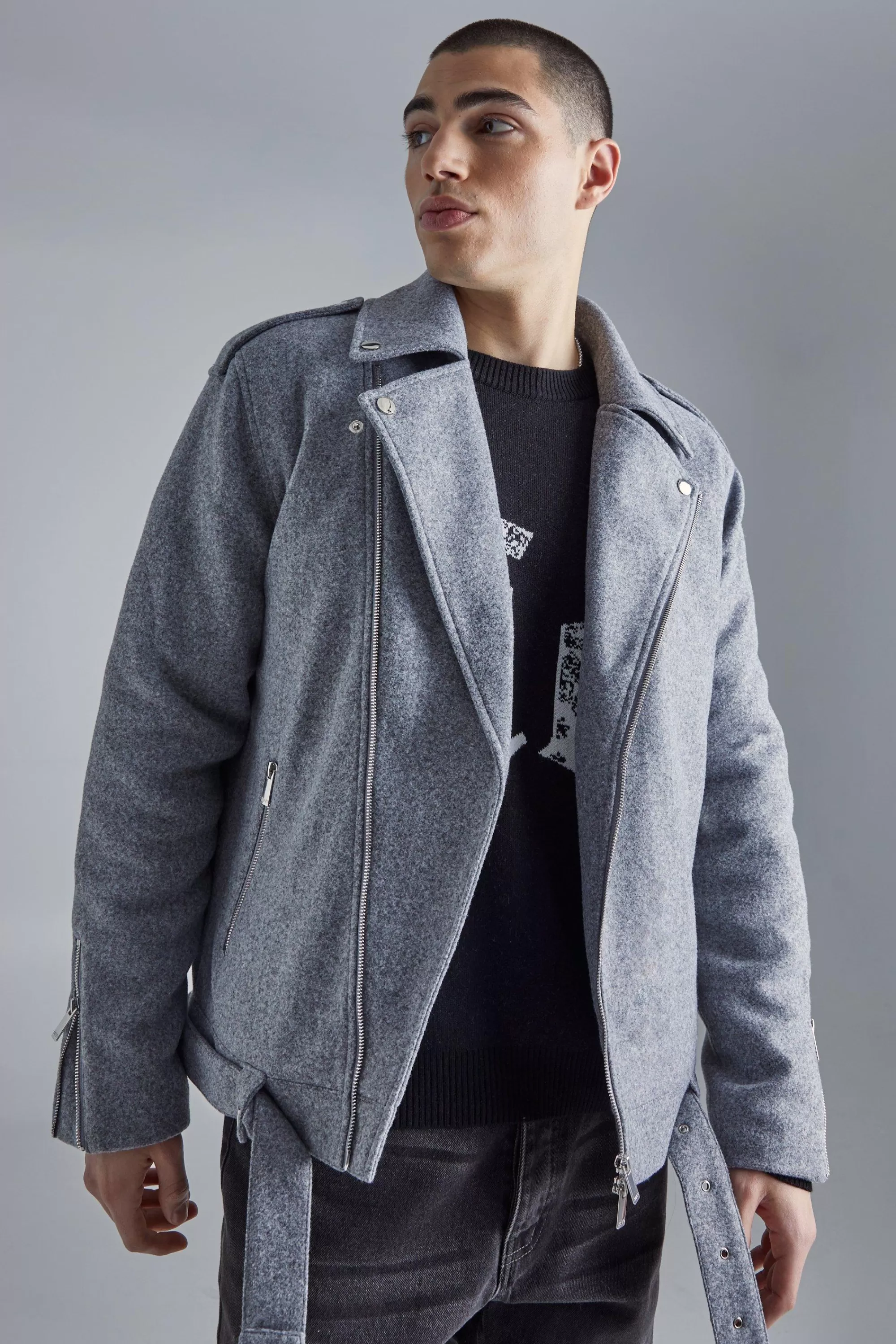 boohooMAN Regular Melton Biker Jacket | UK