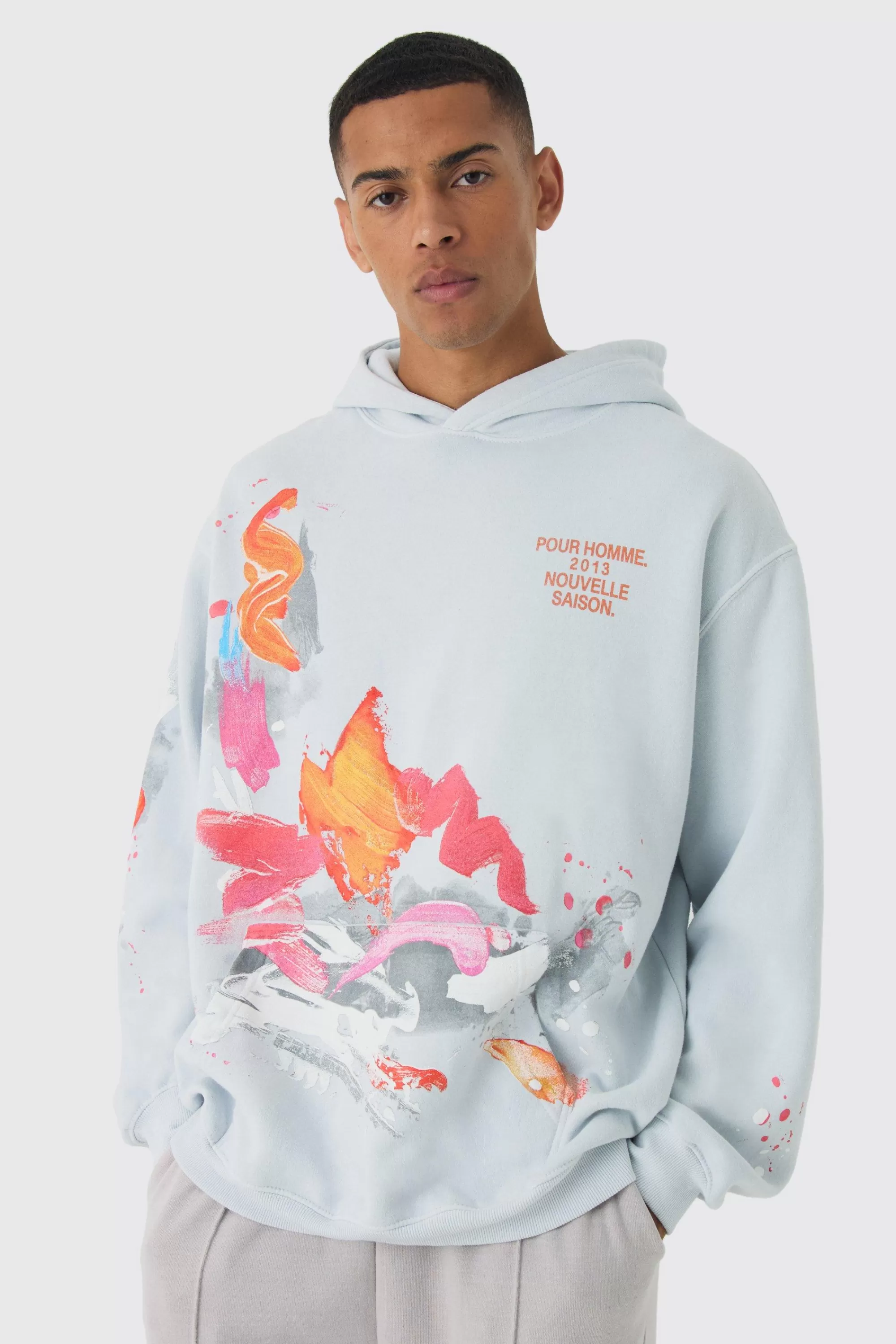 boohooMAN Regular Paint Splatter Washed Hoodie | UK