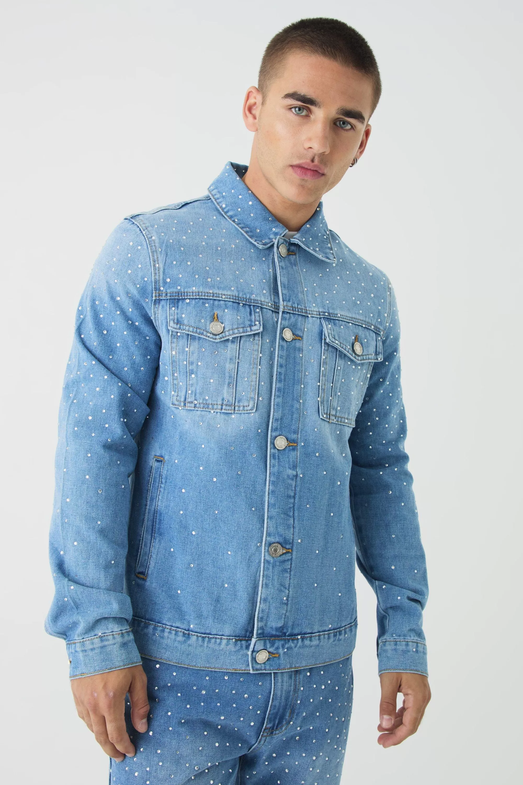 boohooMAN Regular Rhinestone Denim Jacket | UK