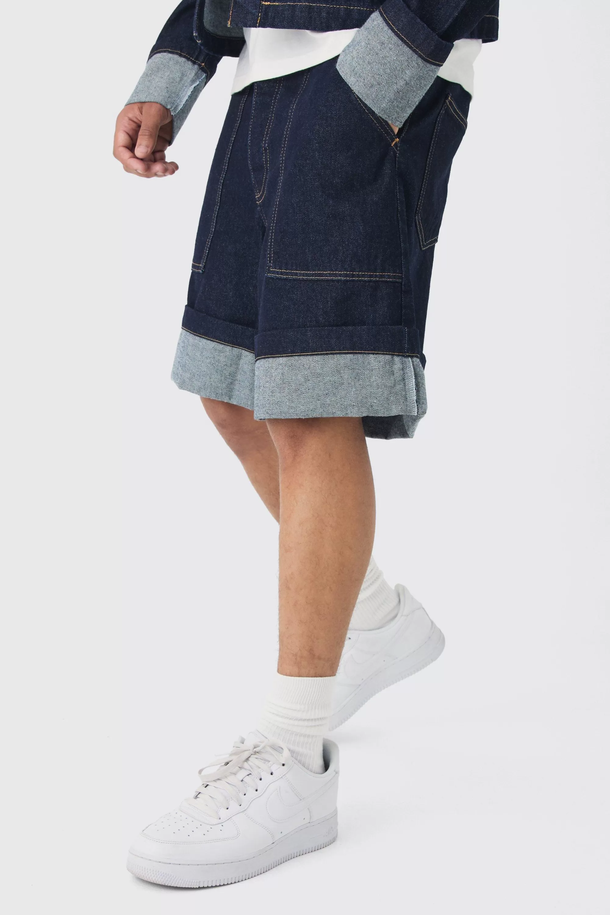 boohooMAN Regular Rigid Denim Turn Up Jorts In | UK