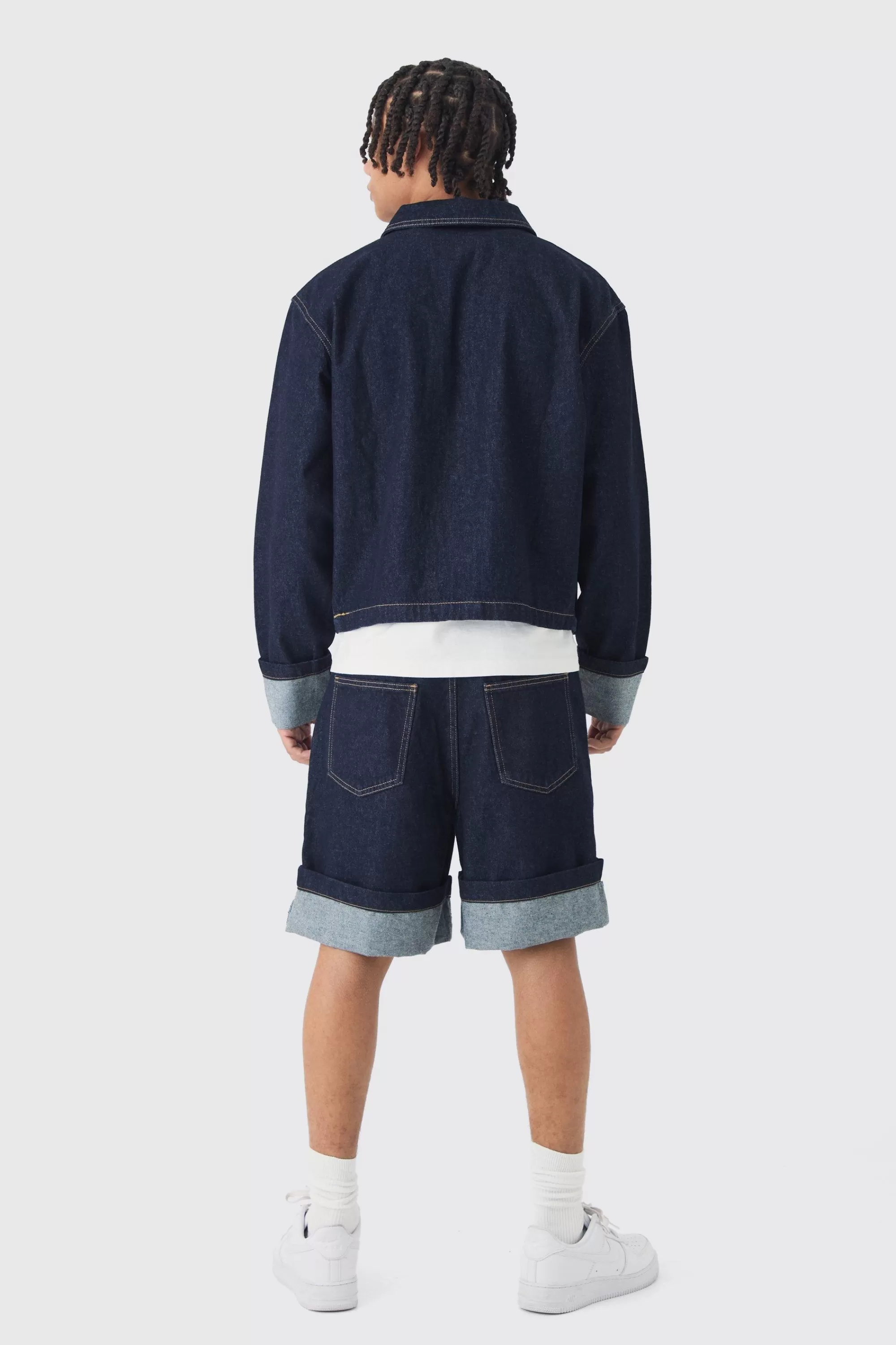 boohooMAN Regular Rigid Denim Turn Up Jorts In | UK