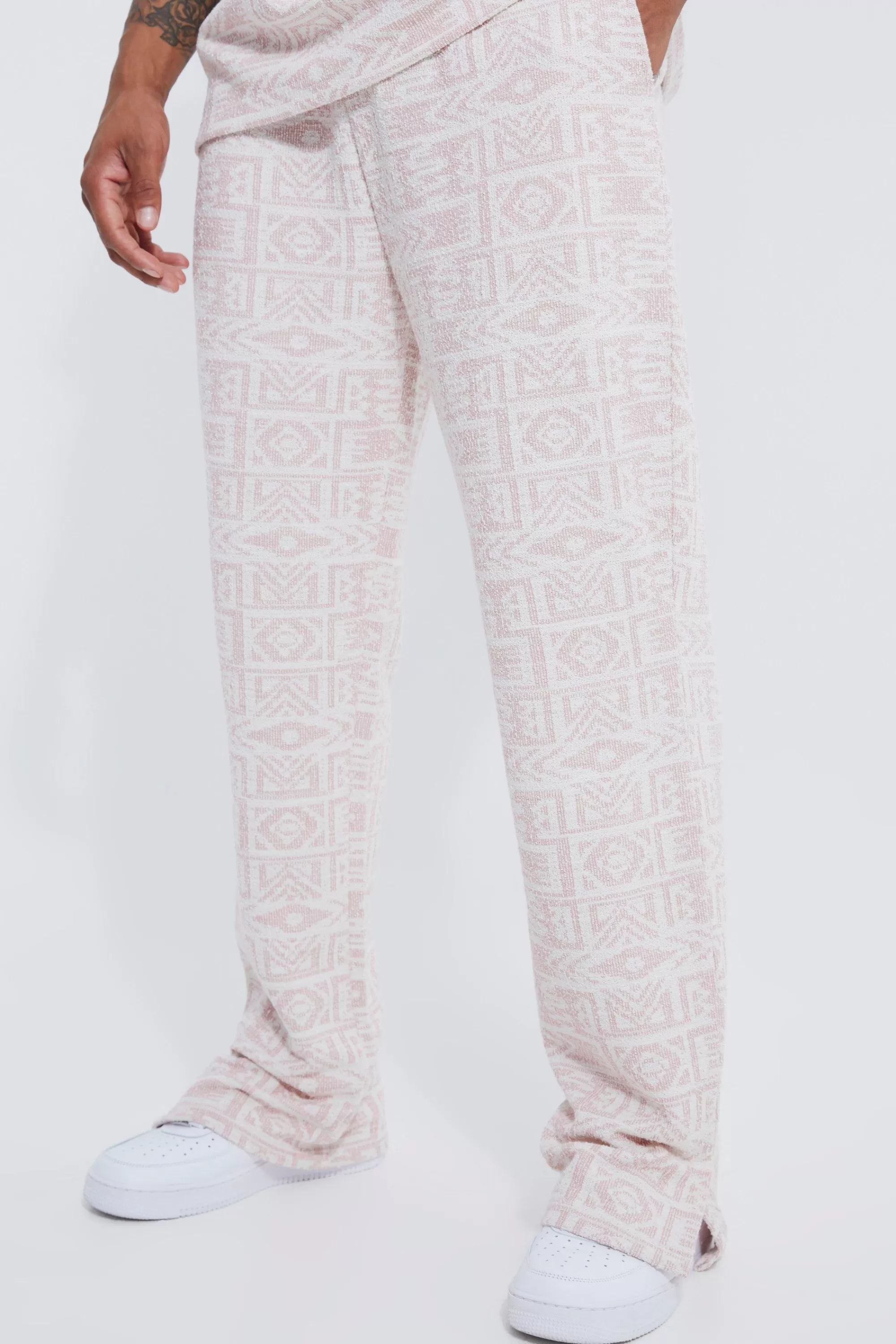 boohooMAN Regular Split Hem Jacquard Aztec Jogger | UK