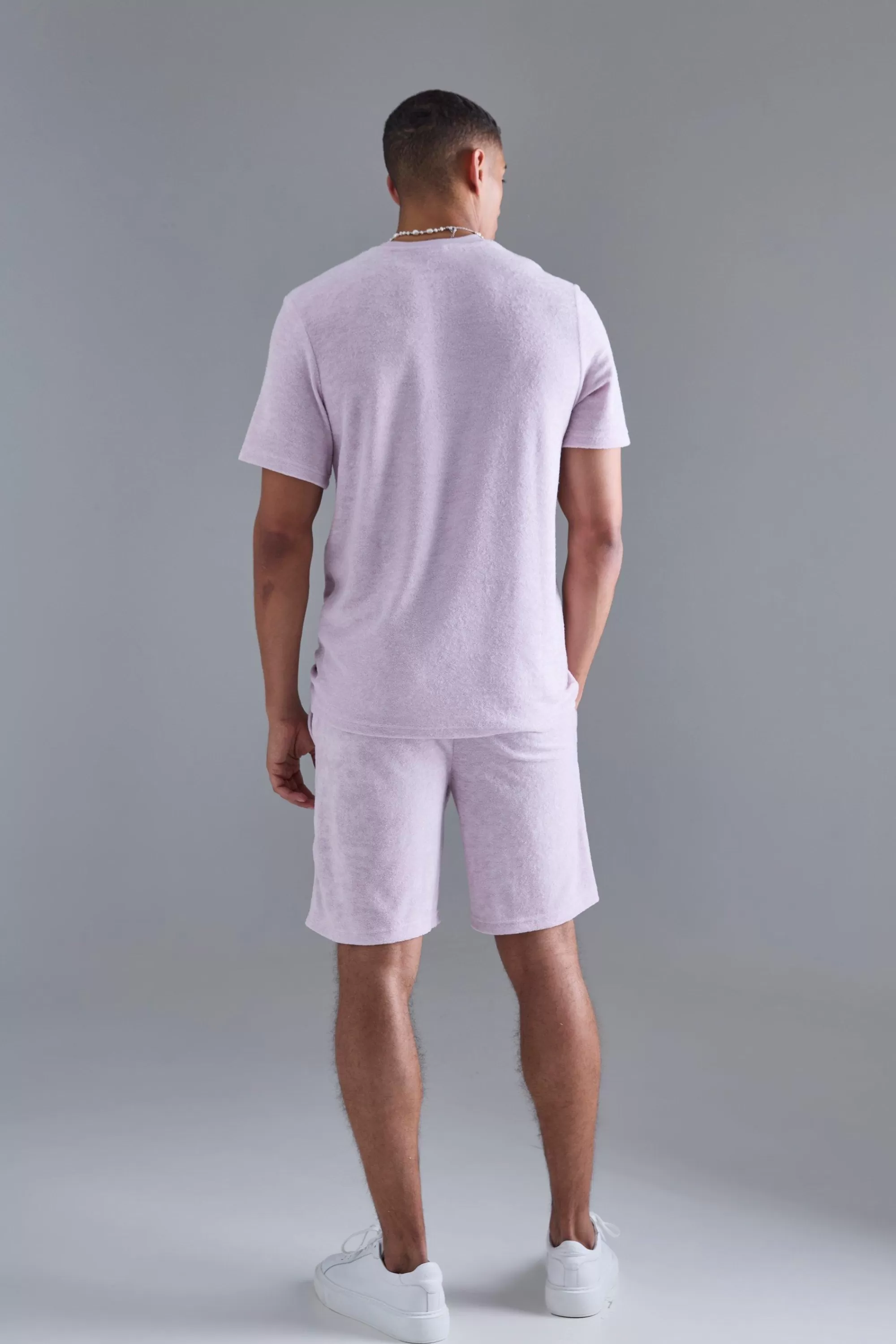boohooMAN Regular Towelling Pearl Embroidered T-shirt And Short Set | UK