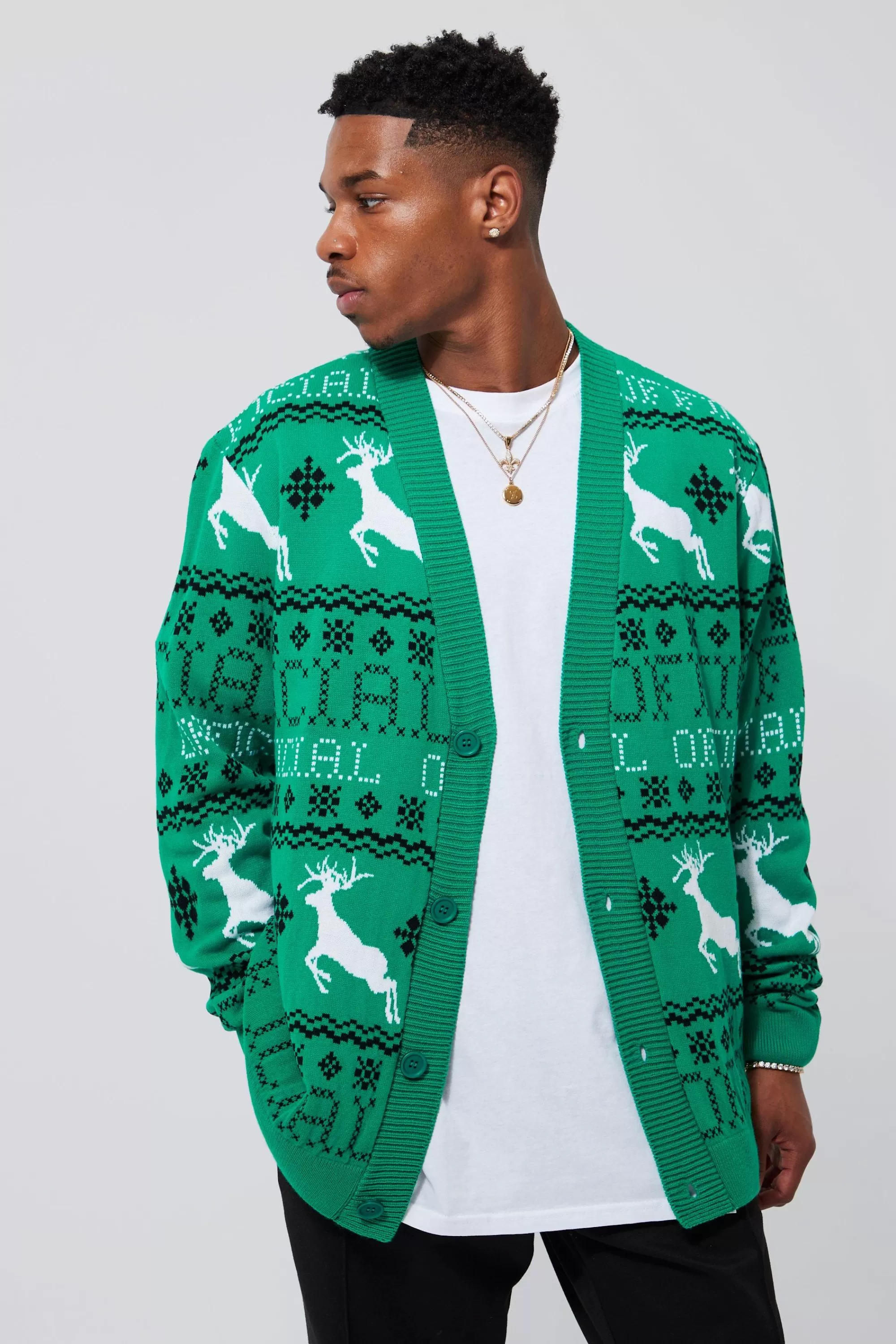 boohooMAN Reindeer Fairisle Christmas Cardigan | UK