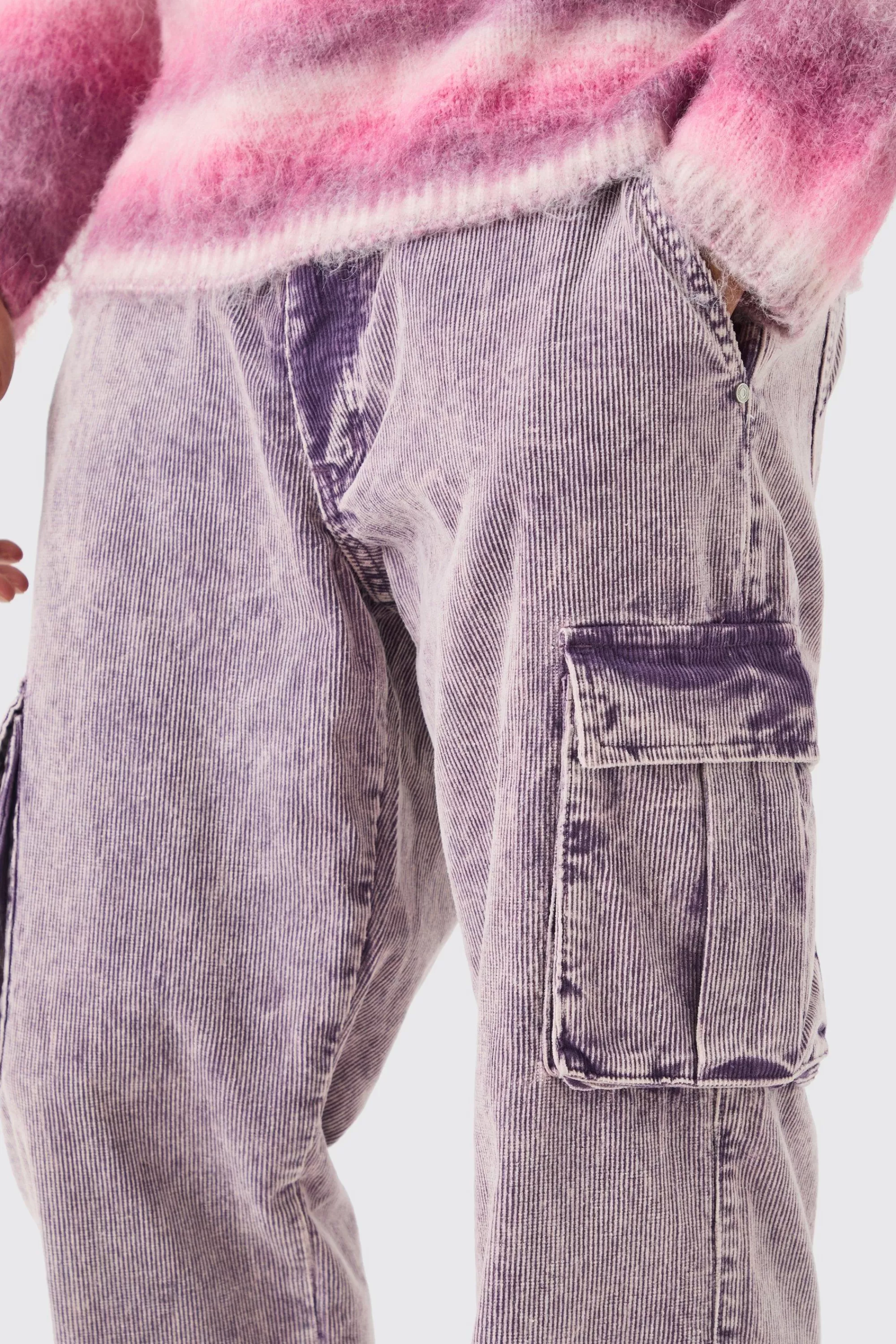 boohooMAN Relaxed Acid Wash Cord Cargo Trouser | UK