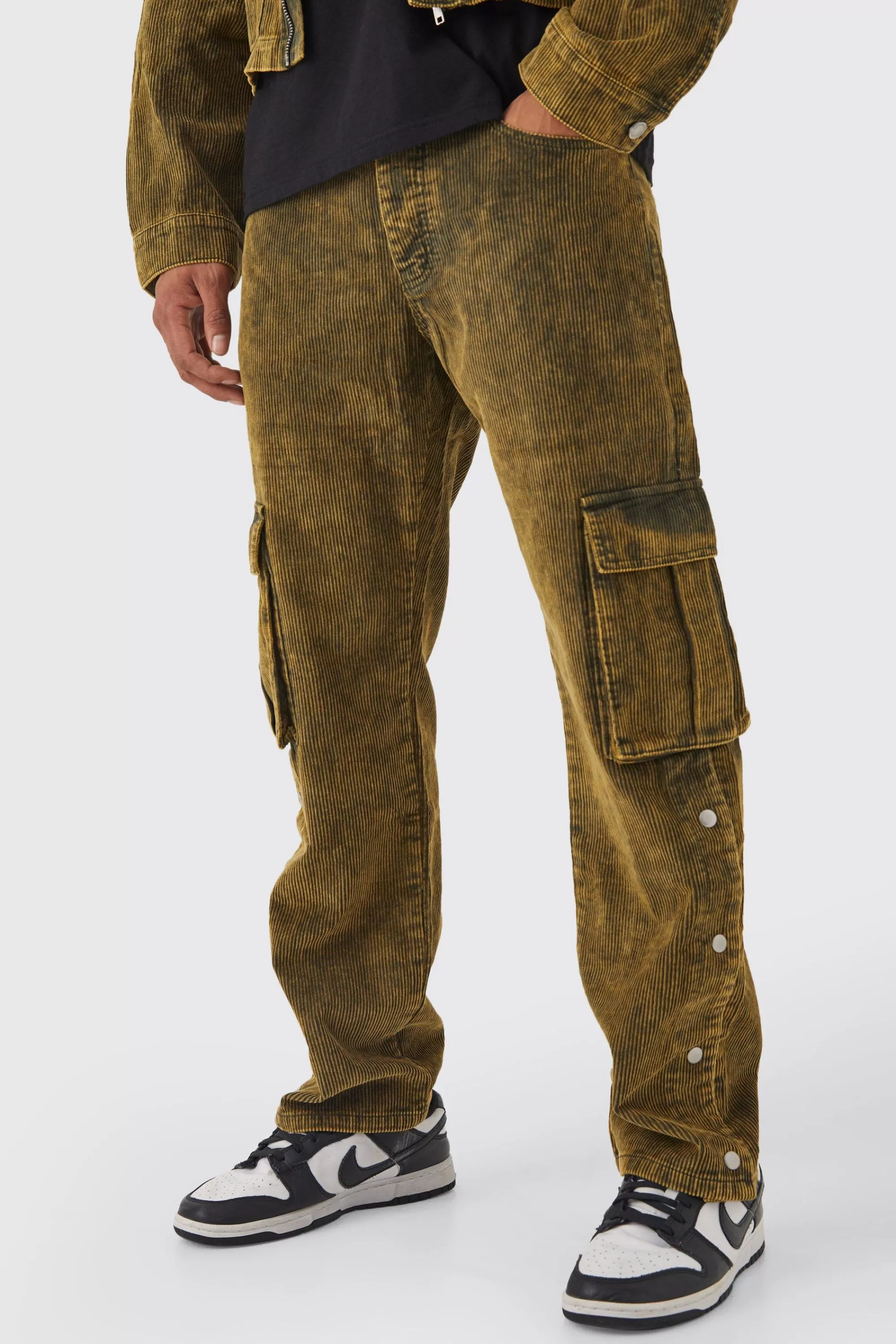 boohooMAN Relaxed Acid Wash Corduroy Cargo Popper Hem Trouser | UK