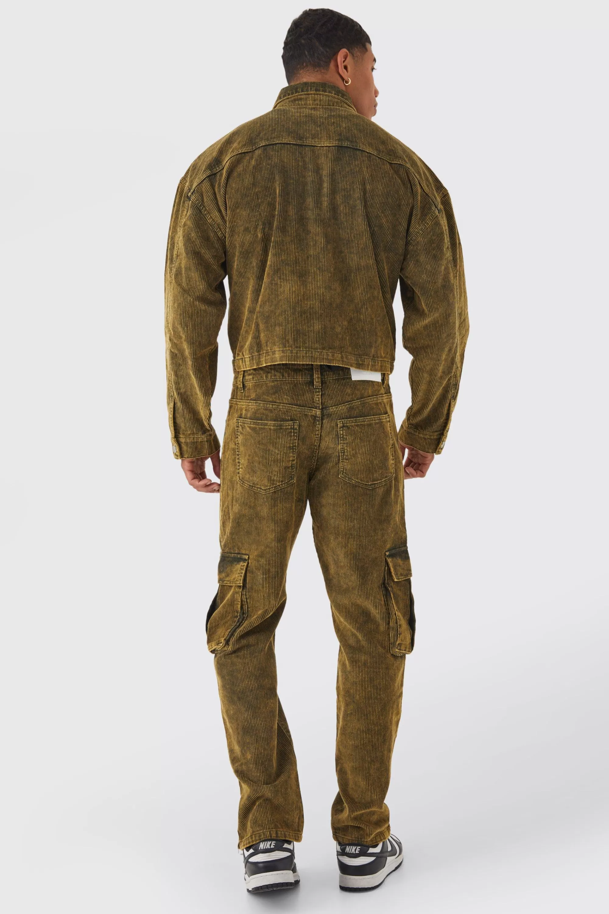 boohooMAN Relaxed Acid Wash Corduroy Cargo Popper Hem Trouser | UK