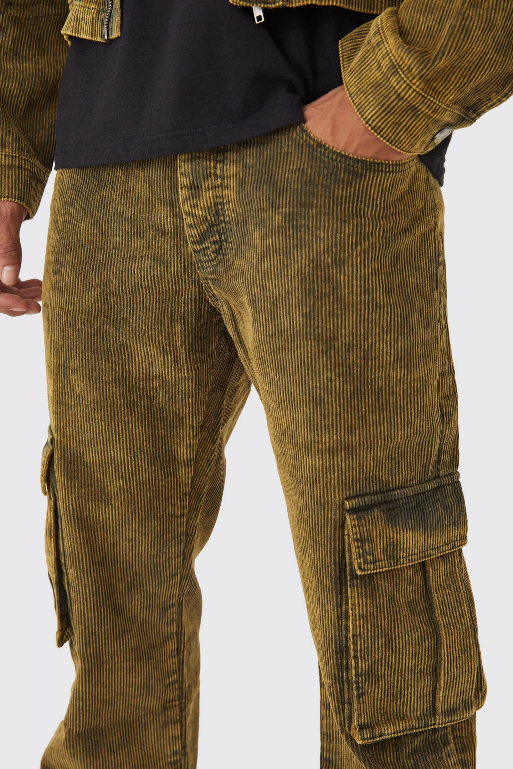 boohooMAN Relaxed Acid Wash Corduroy Cargo Popper Hem Trouser | UK