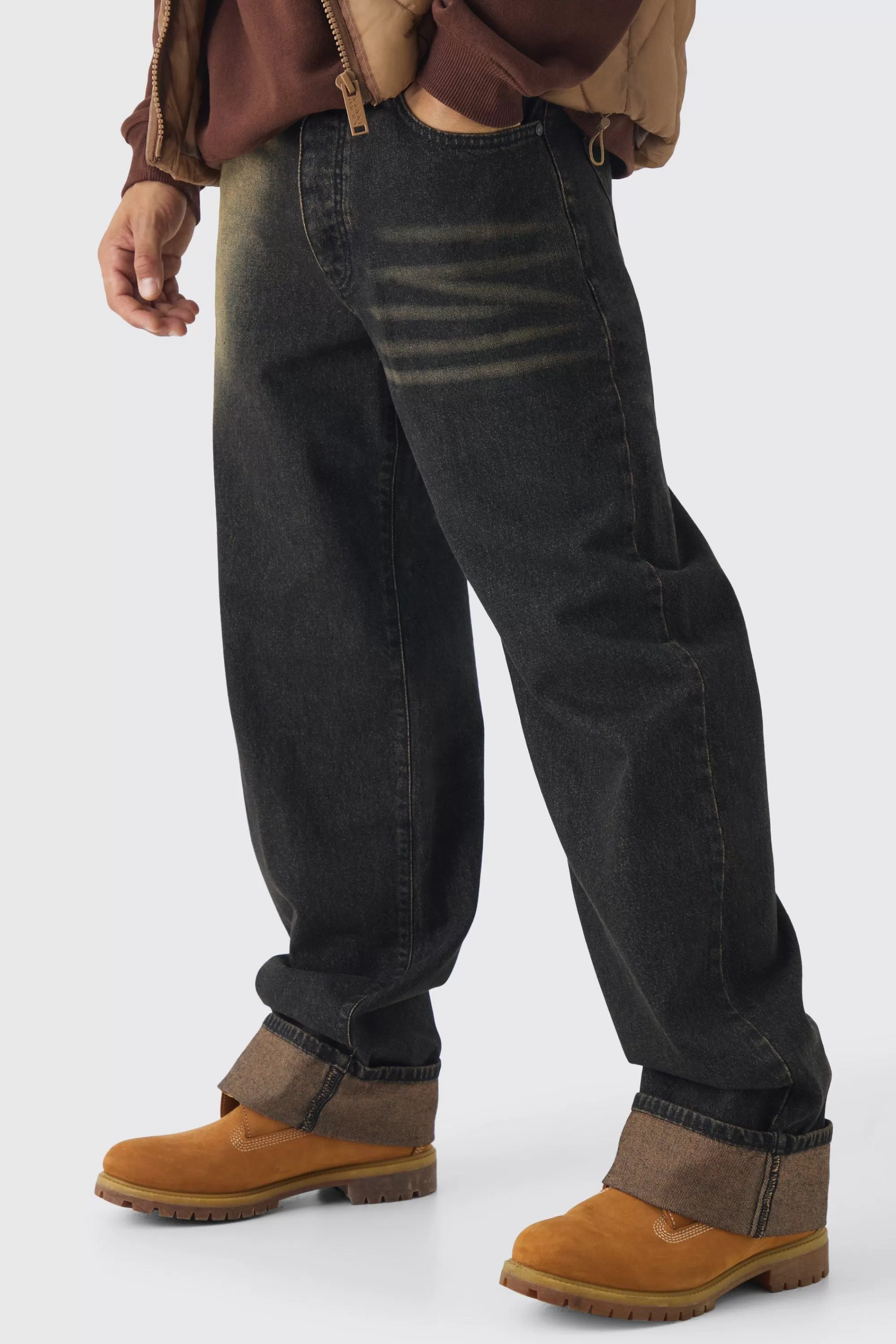 boohooMAN Relaxed Spray Wash Turn Up Hem Jeans | UK