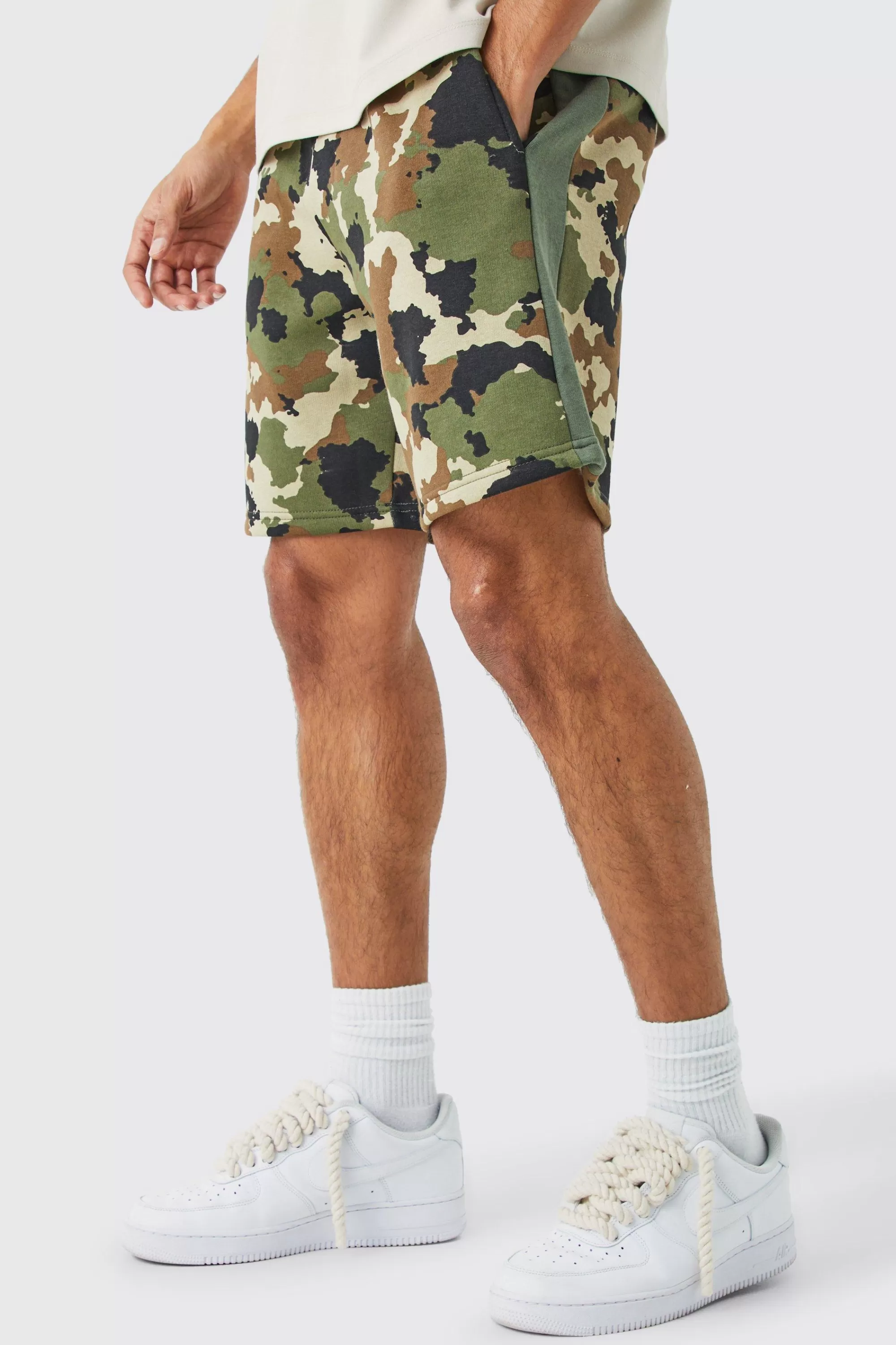 boohooMAN Relaxed Camo Side Panel Shorts | UK
