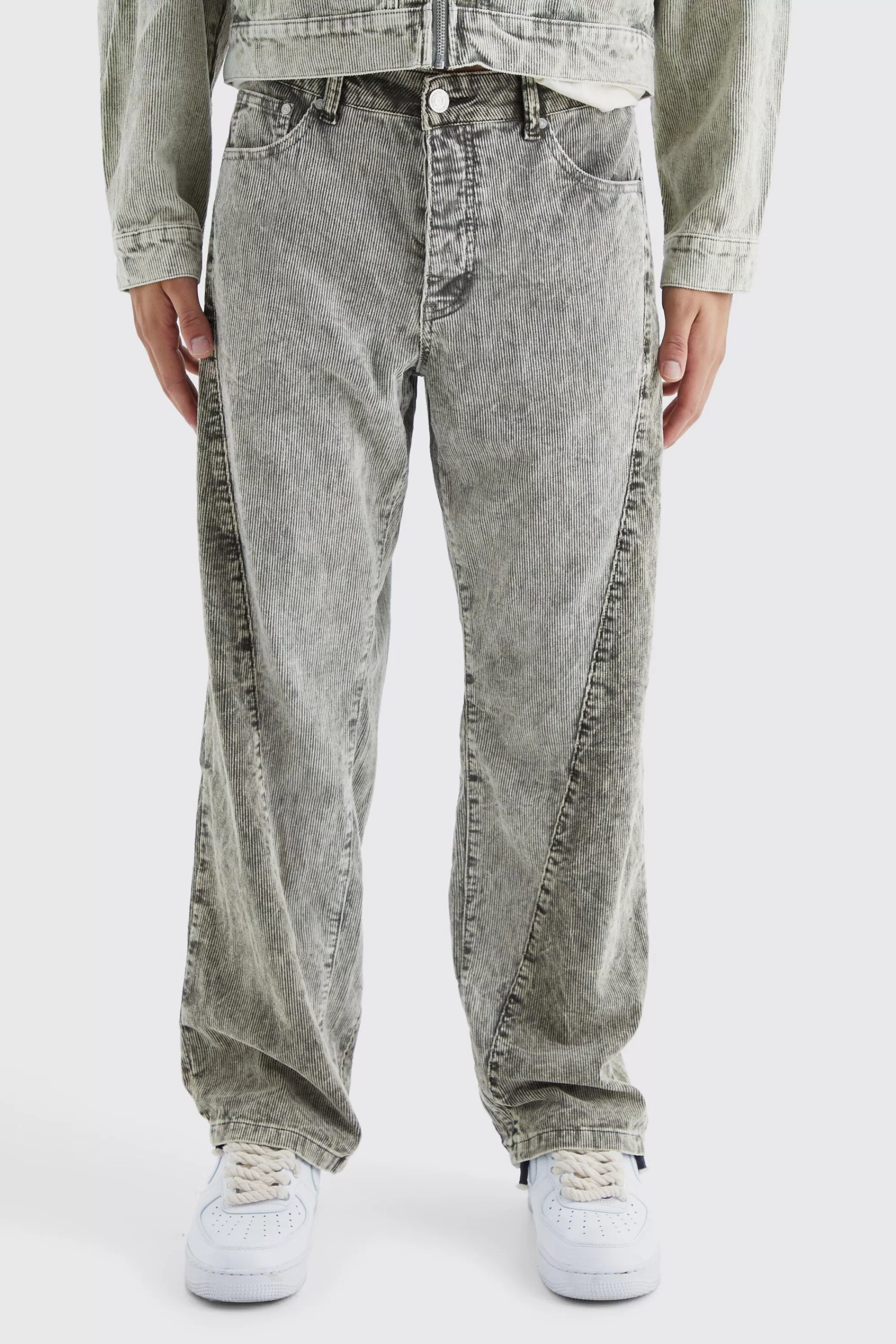 boohooMAN Relaxed Colour Block Acid Wash Cord Trouser | UK