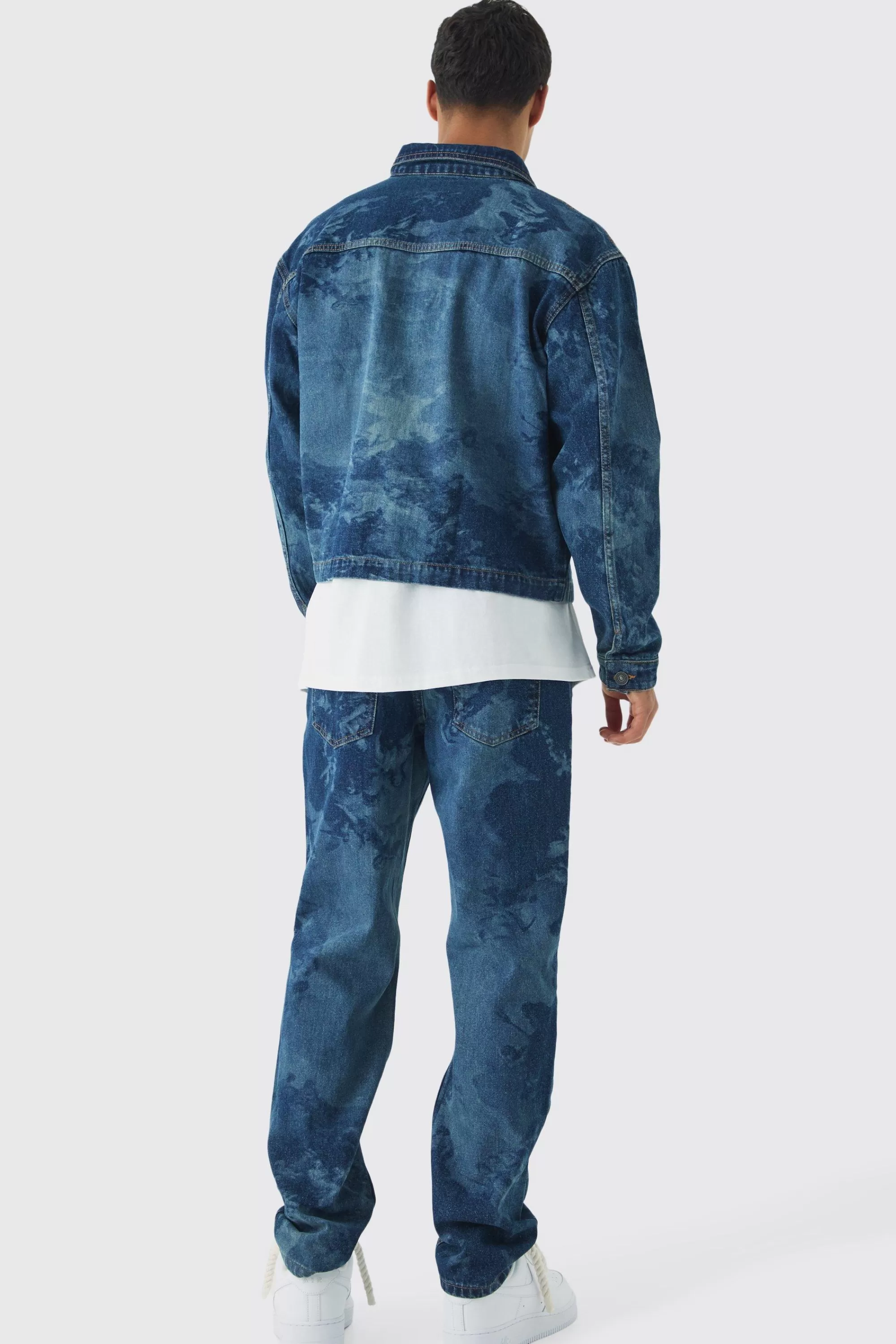 boohooMAN Relaxed Cropped Renaissance Laser Print Denim Jacket | UK