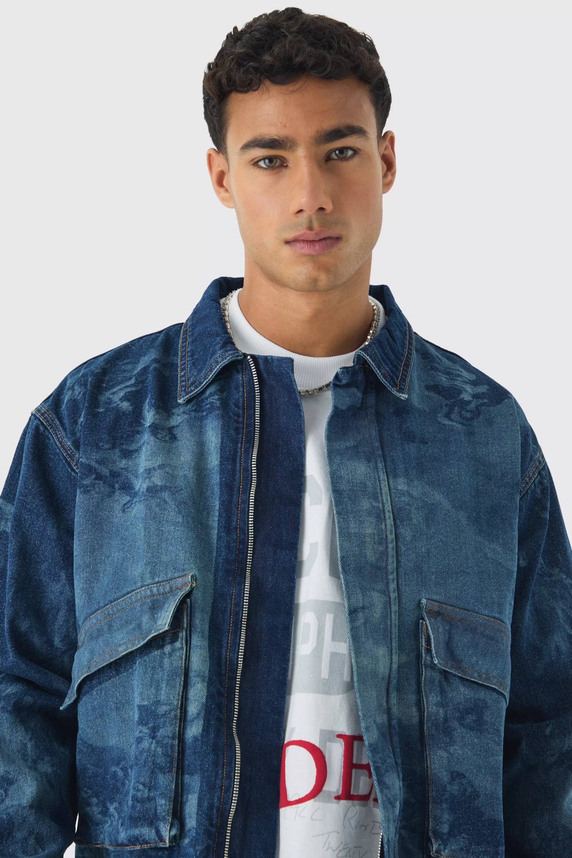 boohooMAN Relaxed Cropped Renaissance Laser Print Denim Jacket | UK