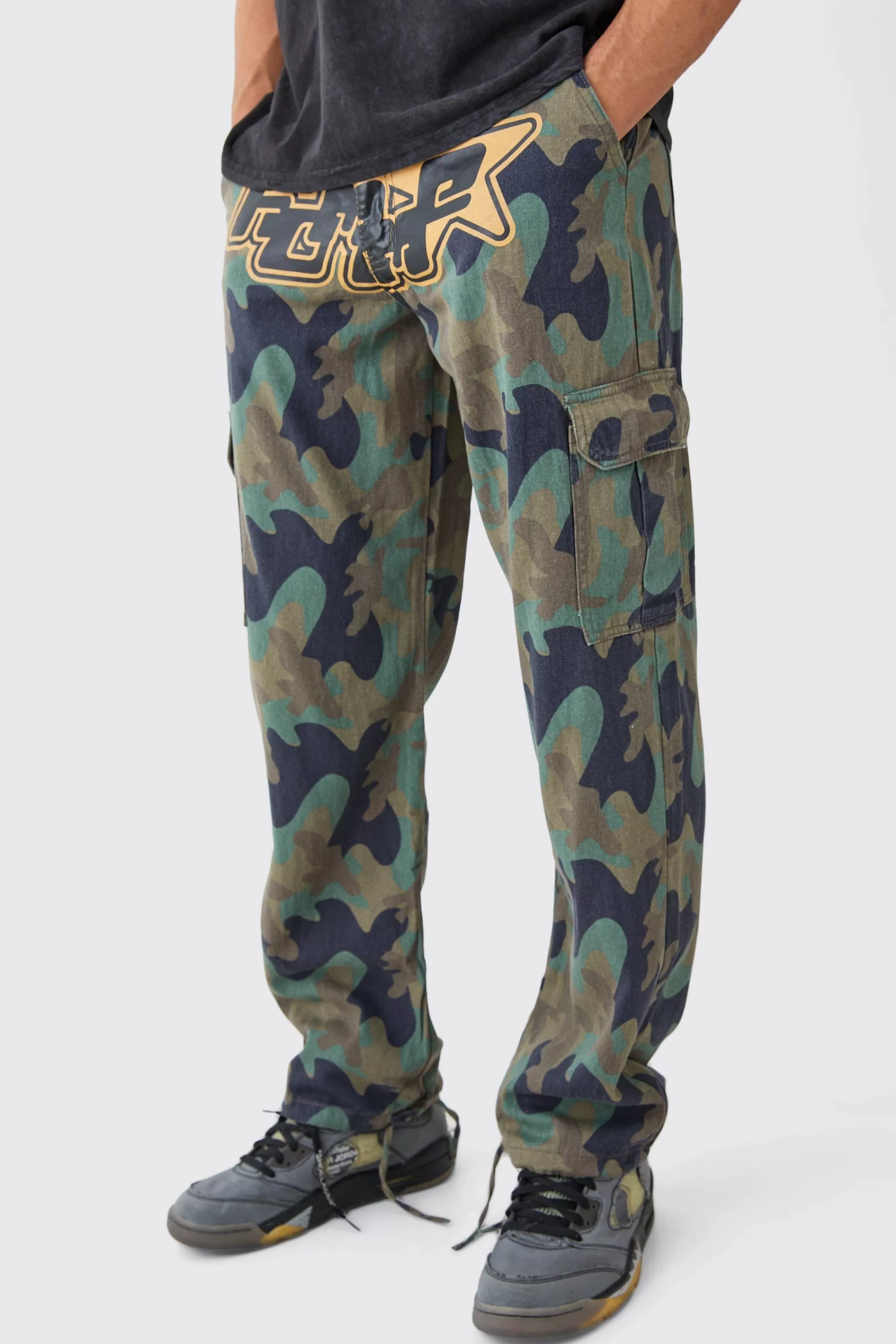 boohooMAN Relaxed Crotch Print Tie Hem Camo Cargo Trouser | UK