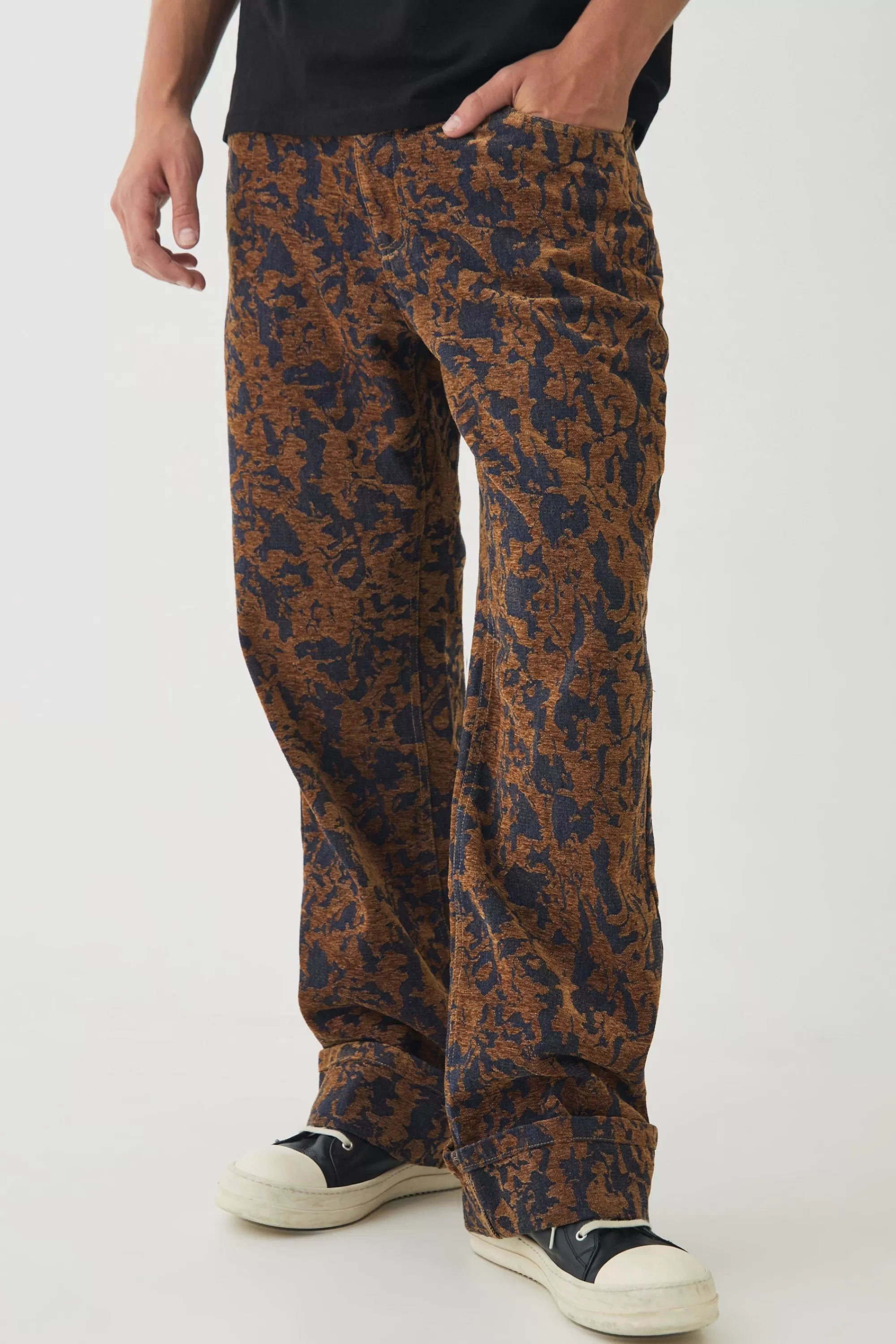 boohooMAN Relaxed Fit Abstract Flock Turn Up Hem Jeans | UK