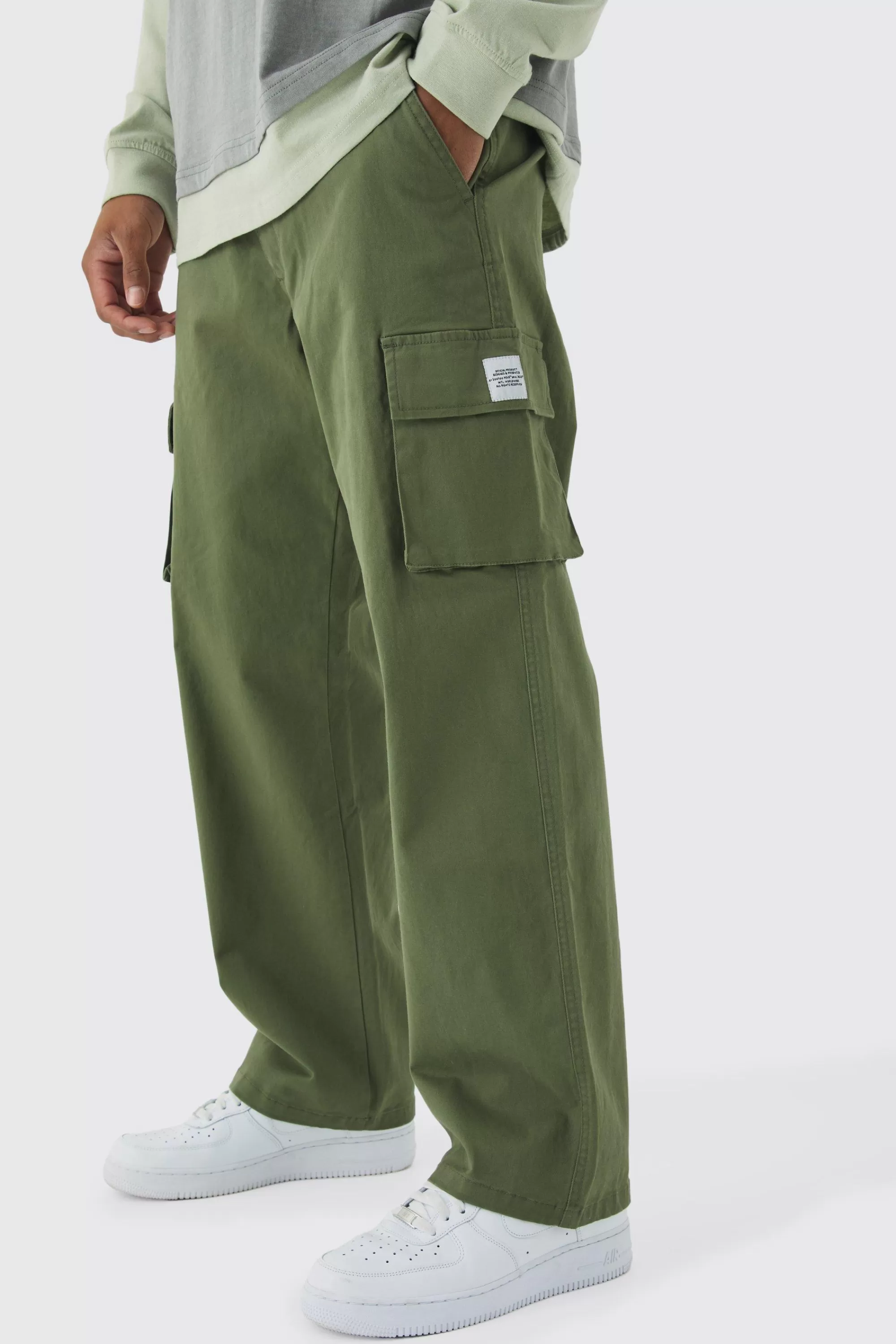 boohooMAN Relaxed Fit Fixed Waist Woven Tab Cargo Trousers | UK