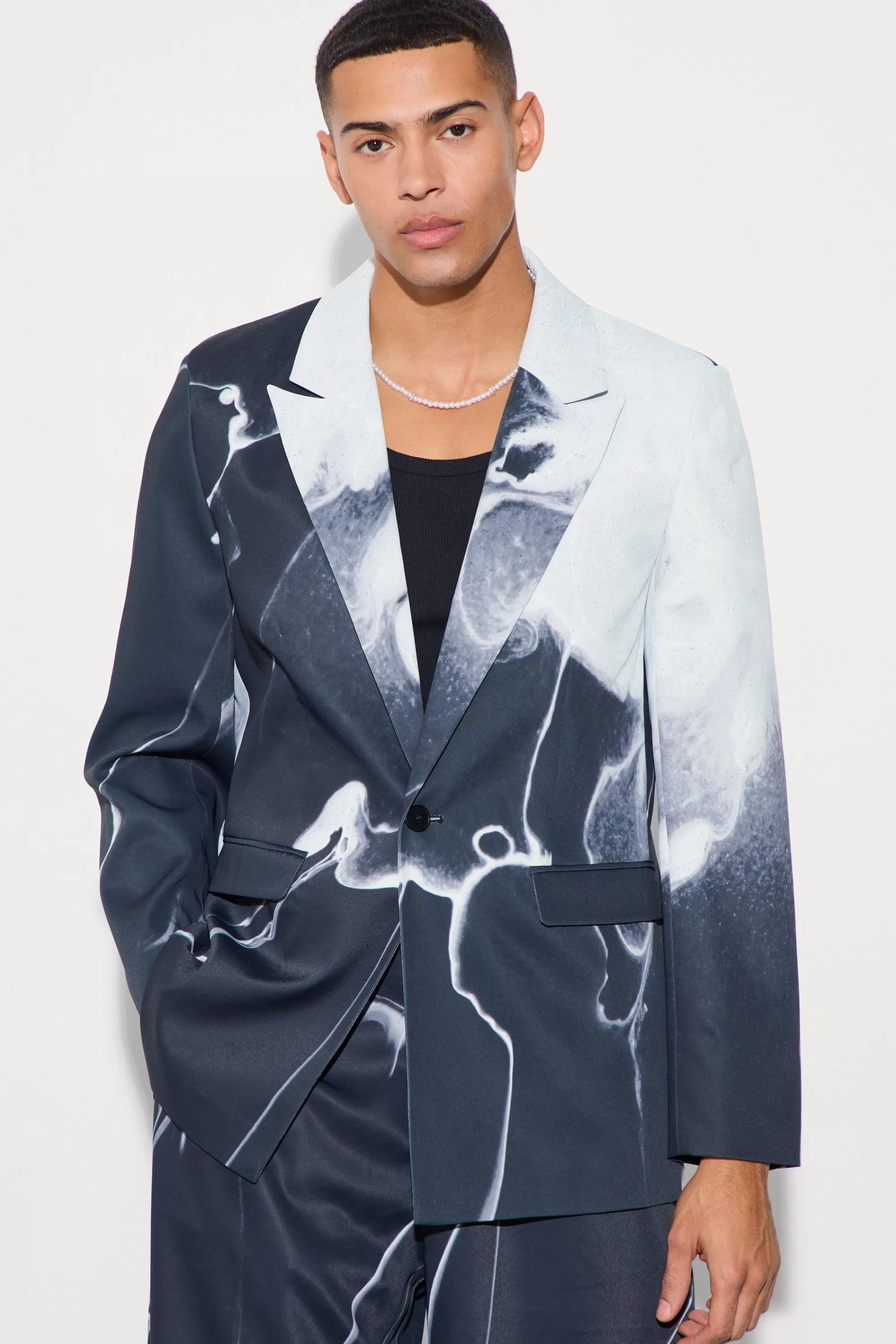 boohooMAN Relaxed Fit Marble Print Blazer | UK