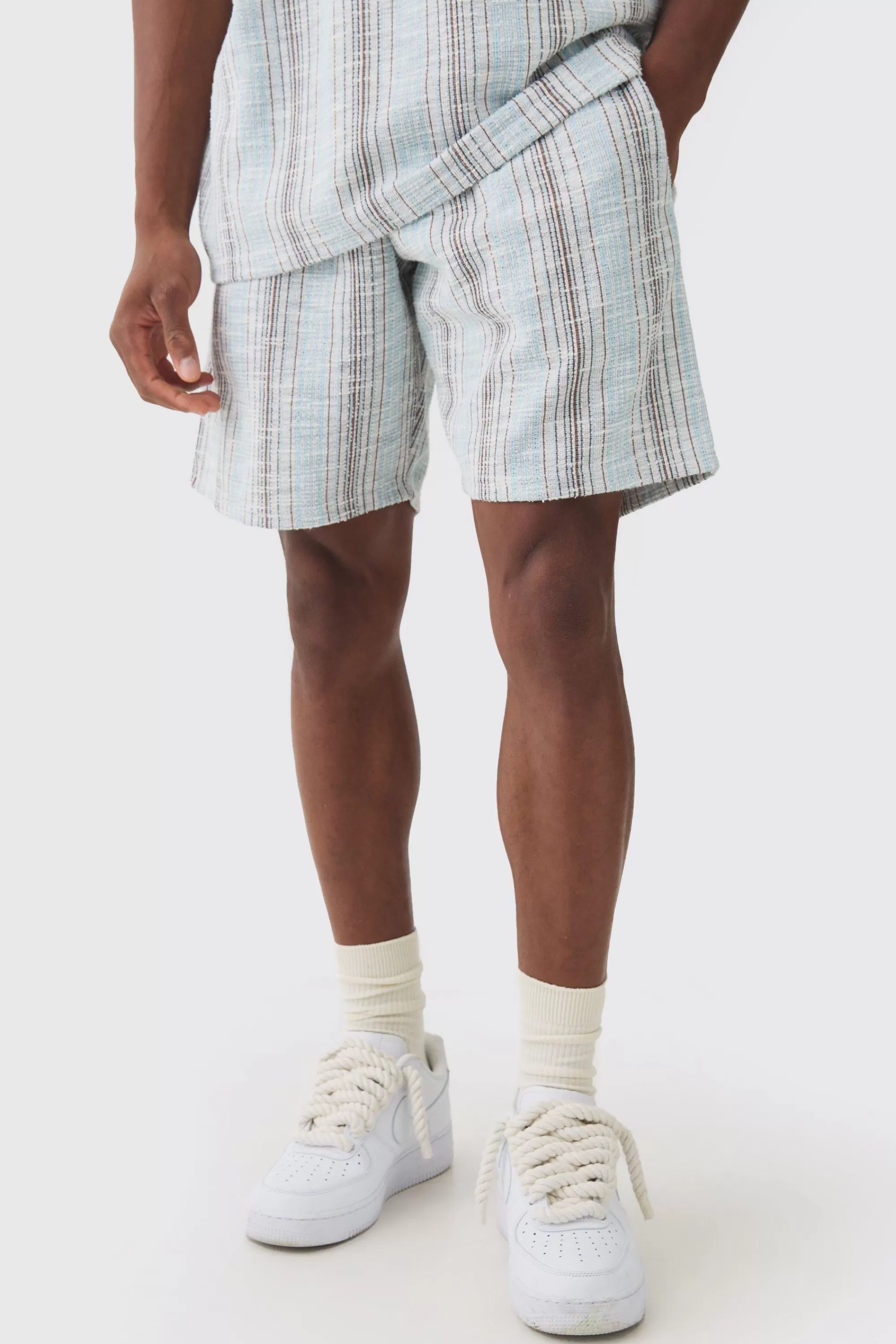 boohooMAN Relaxed Fit Mid Length Boucle Stripe Shorts | UK
