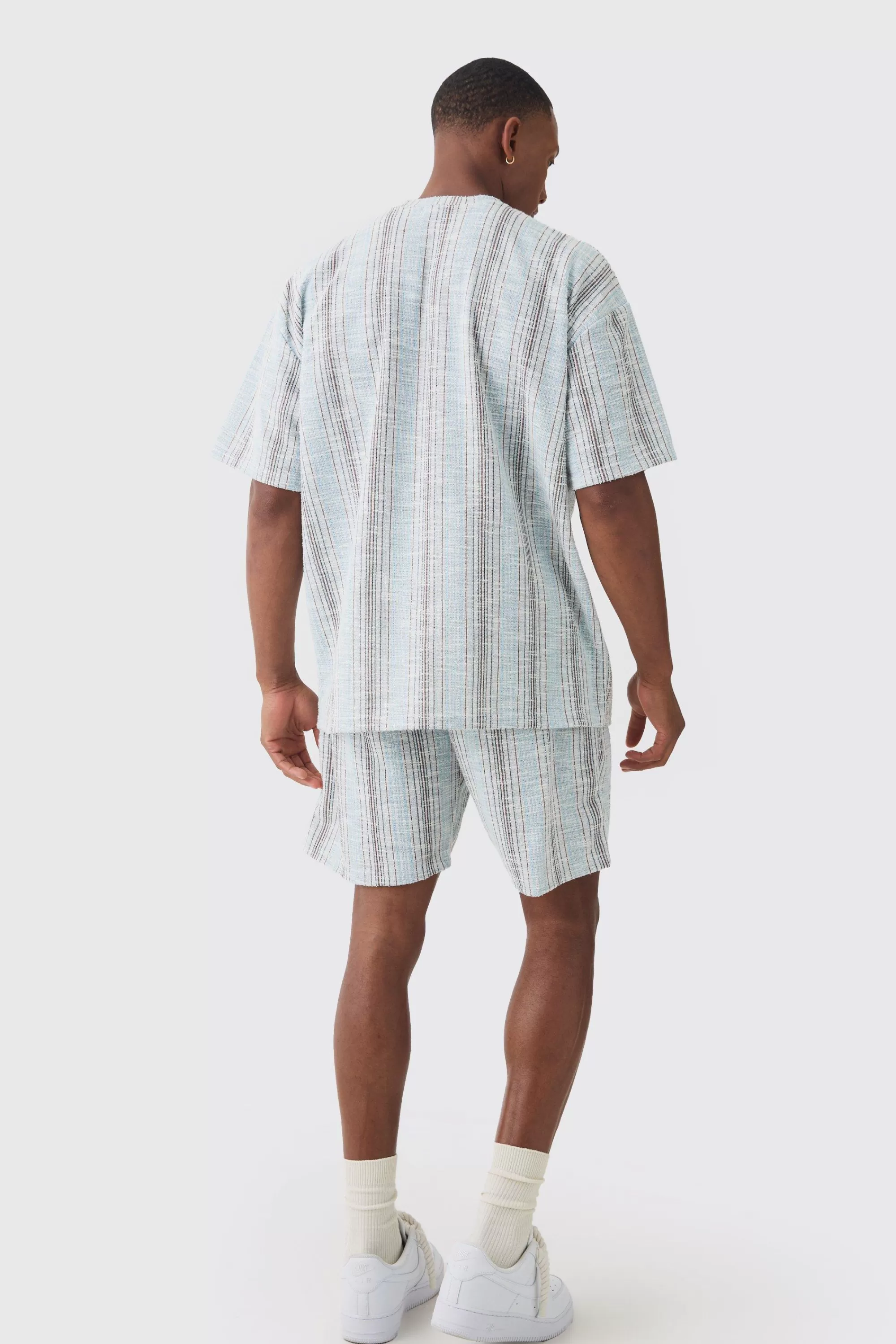 boohooMAN Relaxed Fit Mid Length Boucle Stripe Shorts | UK