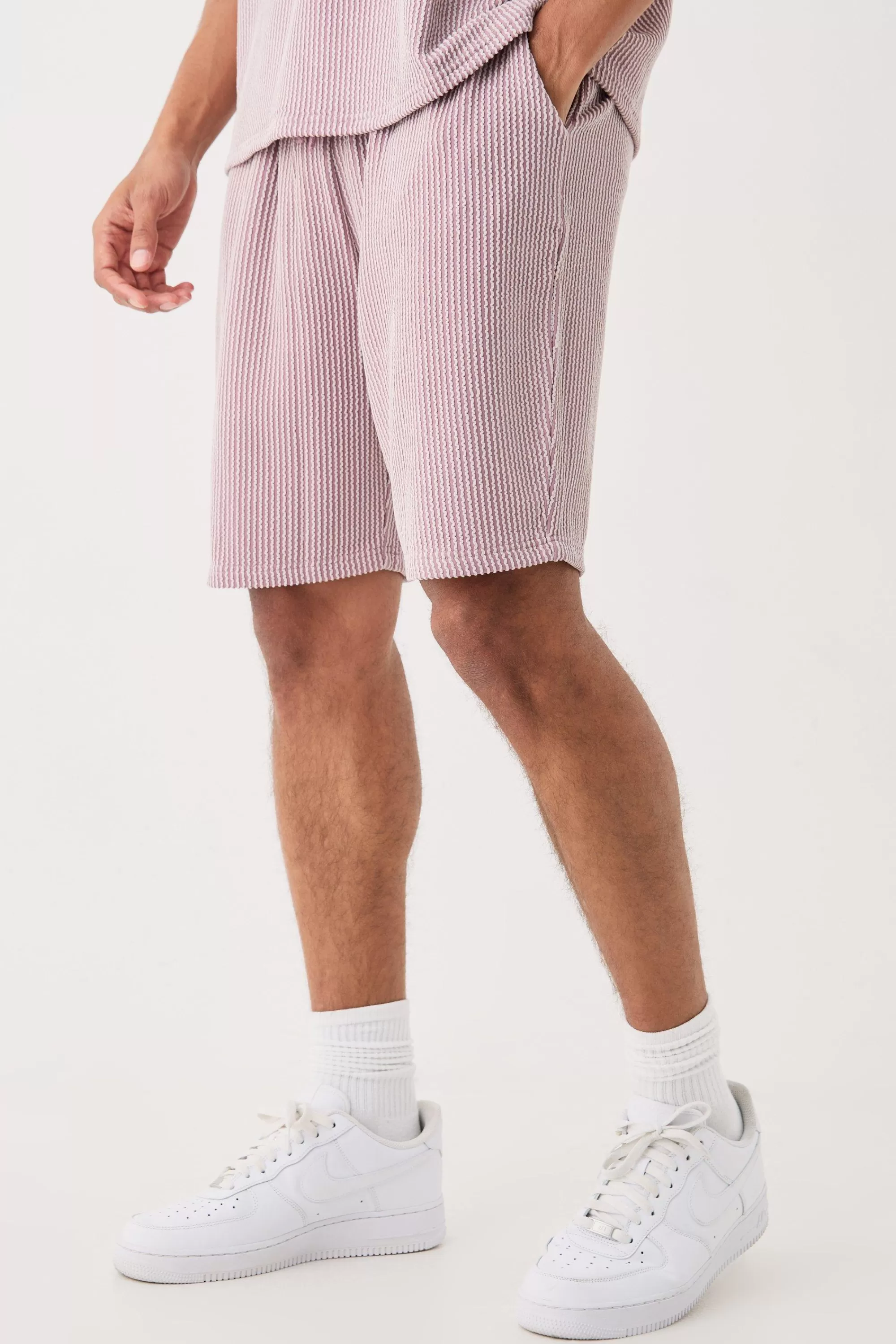 boohooMAN Relaxed Fit Mid Length Stripe Texture Shorts | UK