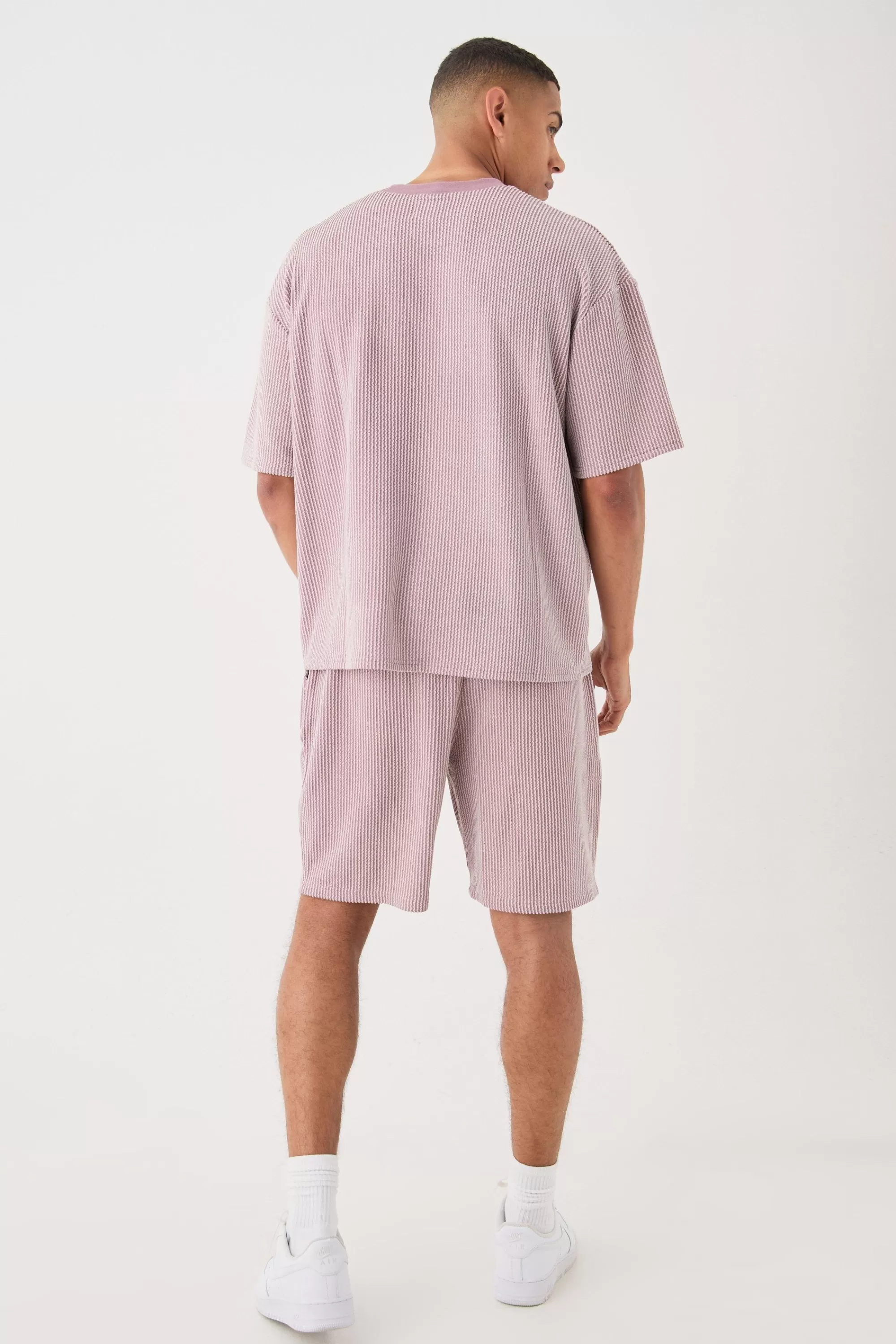 boohooMAN Relaxed Fit Mid Length Stripe Texture Shorts | UK