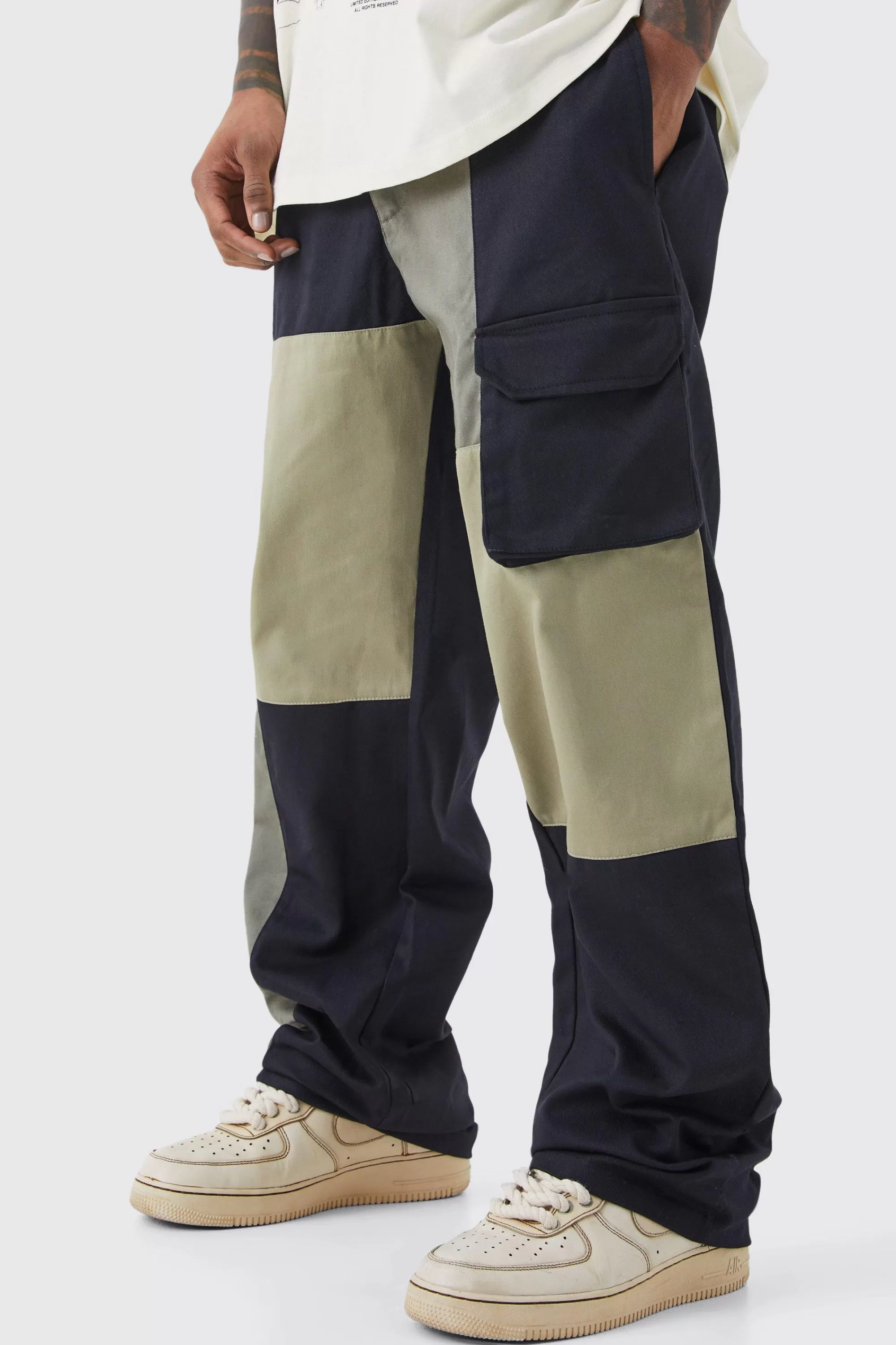 boohooMAN Relaxed Fit Multi Colour Block Cargo Trouser | UK