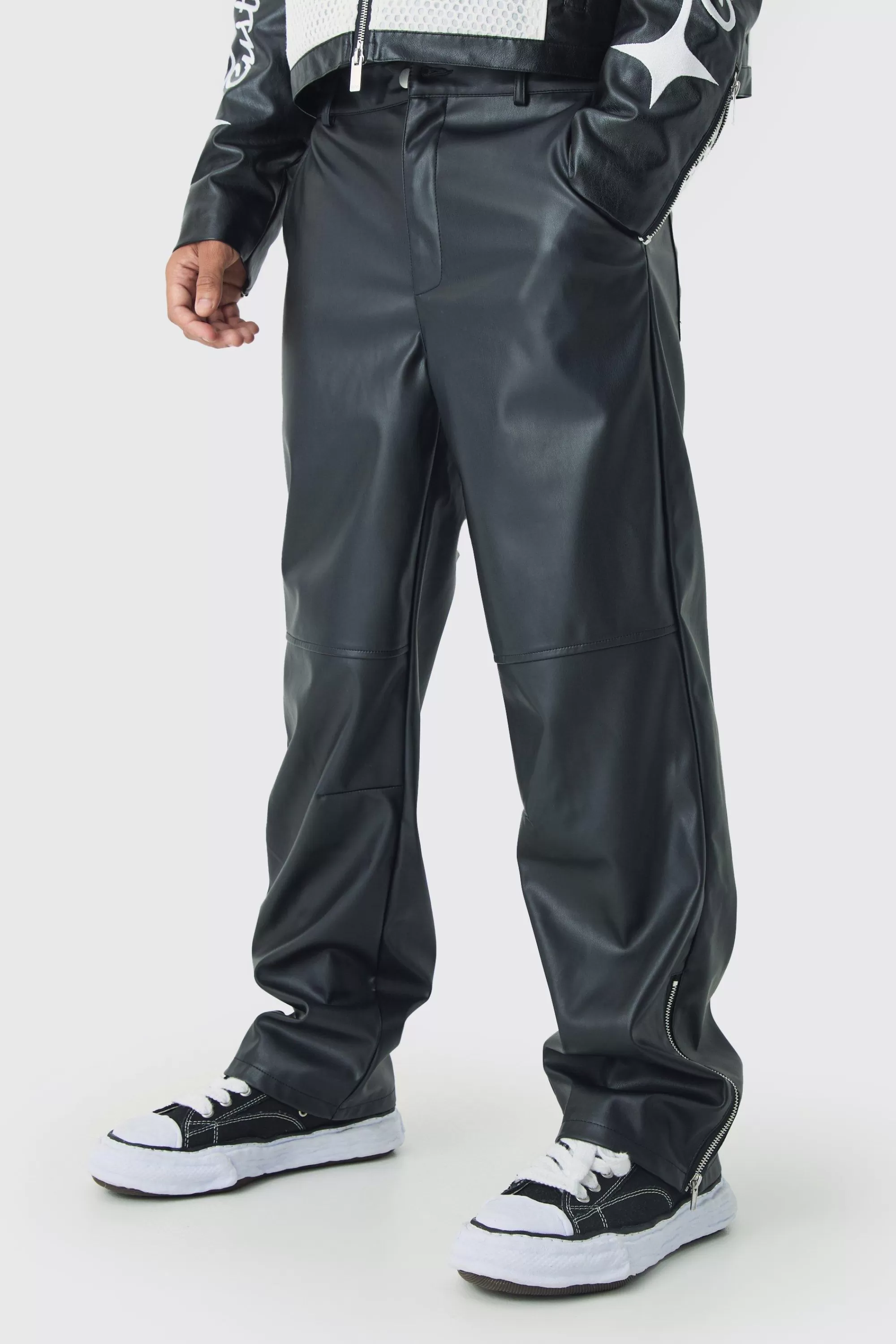 boohooMAN Relaxed Fit Pu Zip Hem Trousers | UK