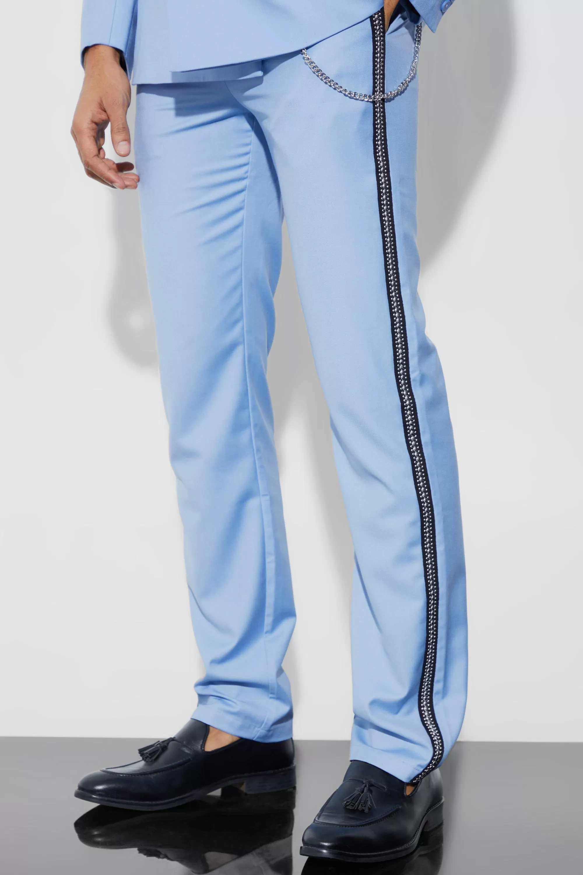 boohooMAN Relaxed Fit Stud Detail Trouser With Chain | UK