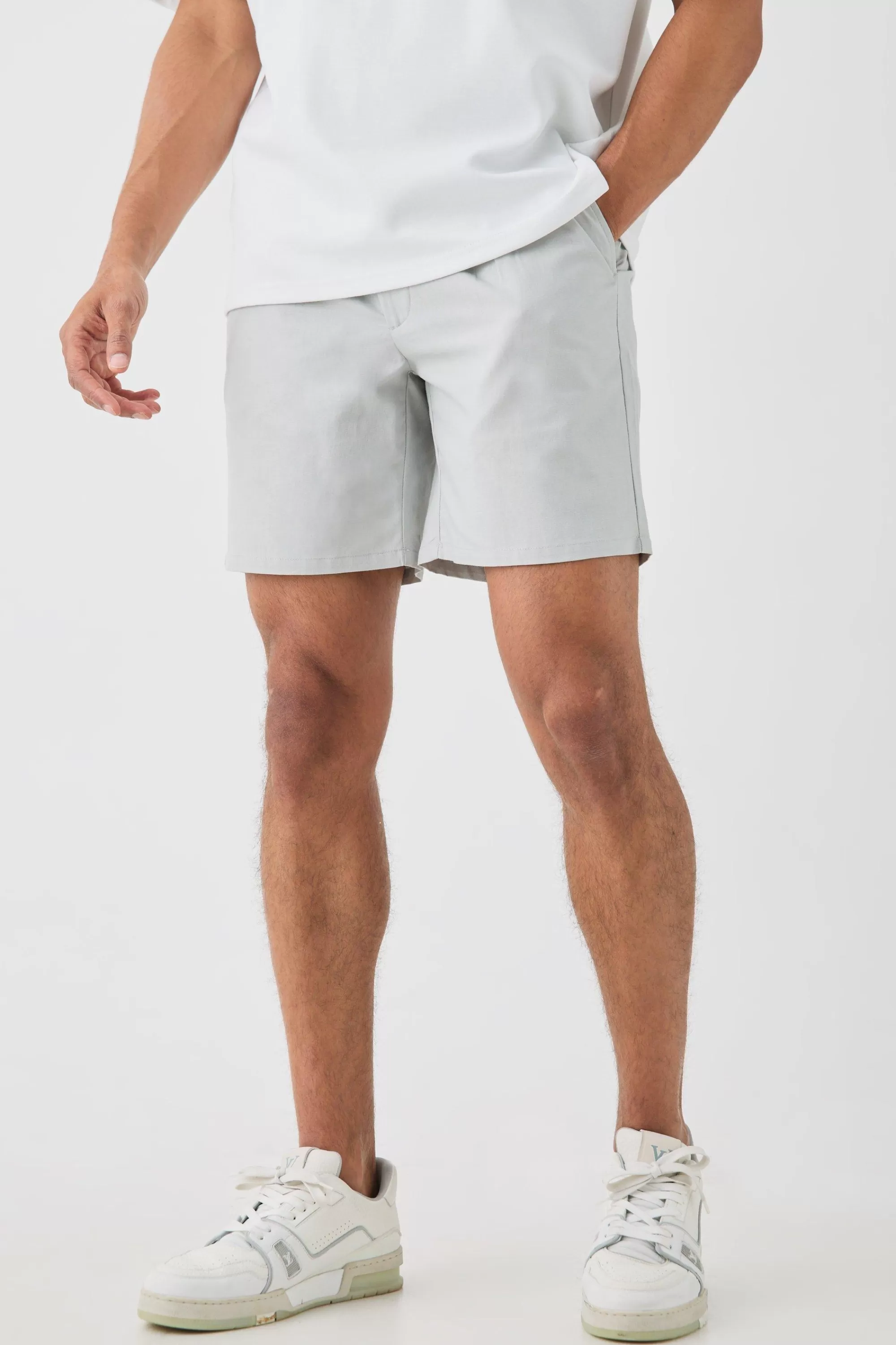 boohooMAN Relaxed Fit Tie Waistband Tailored Linen Shorts In | UK