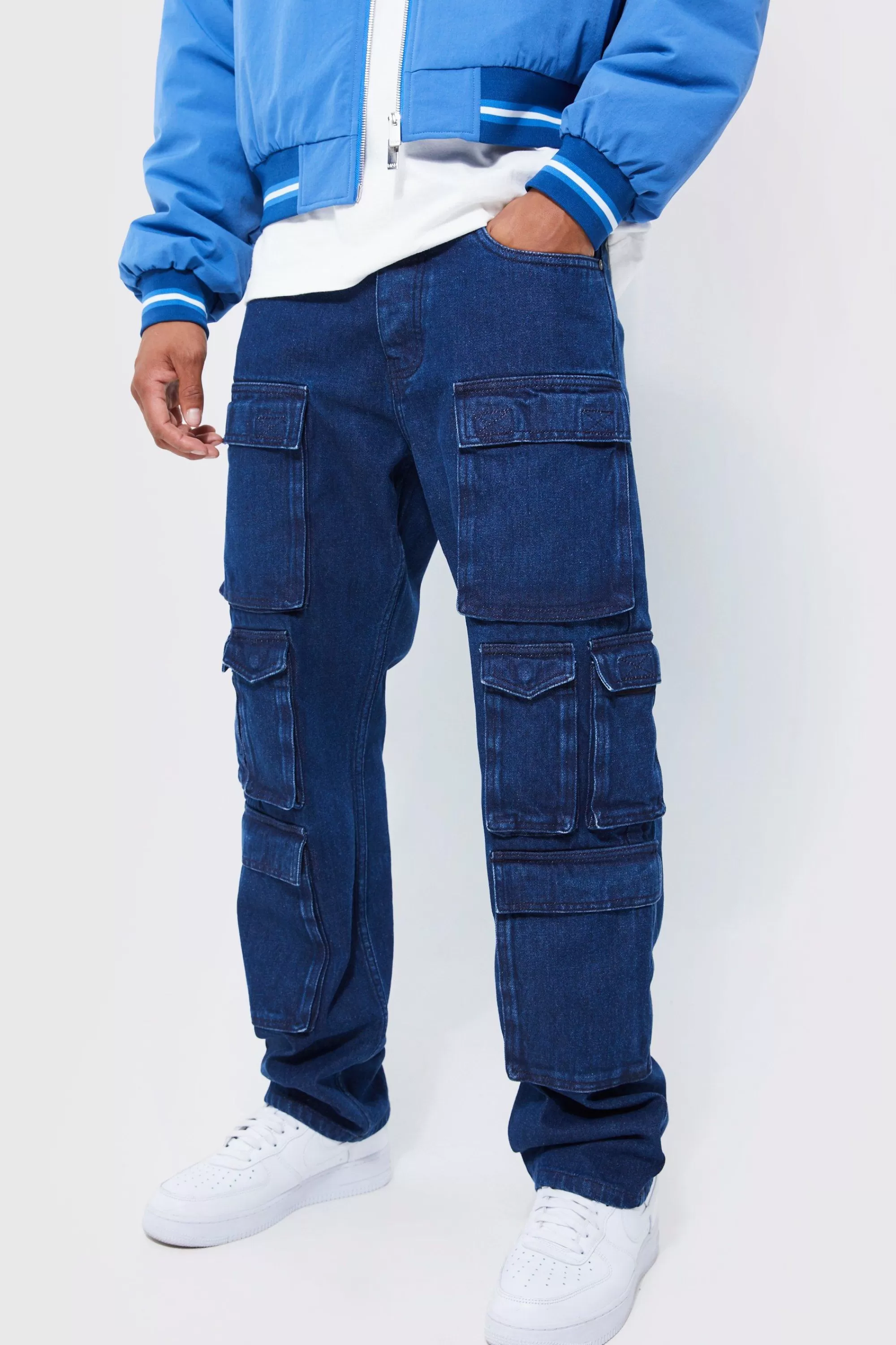 boohooMAN Relaxed Fit Washed Multi Pocket Cargo Jeans | UK