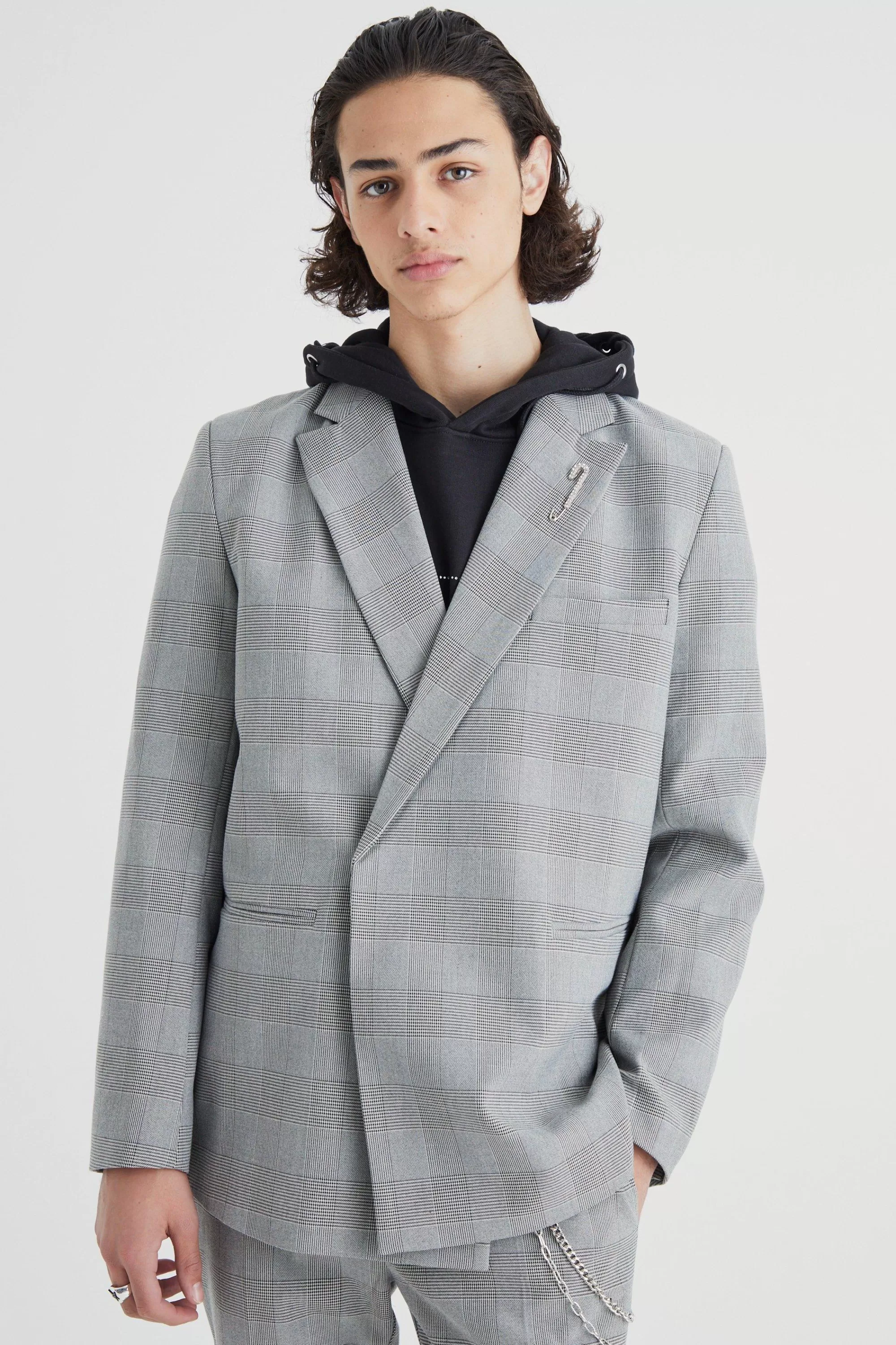 boohooMAN Relaxed Fit Wrap Front Pow Check Blazer | UK