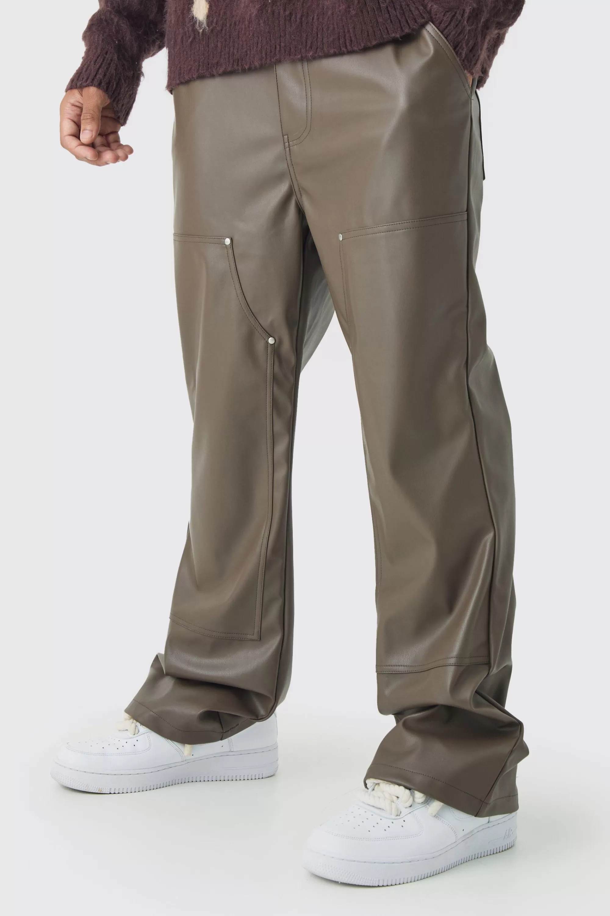 boohooMAN Relaxed Flare Pu Carpenter Trousers | UK