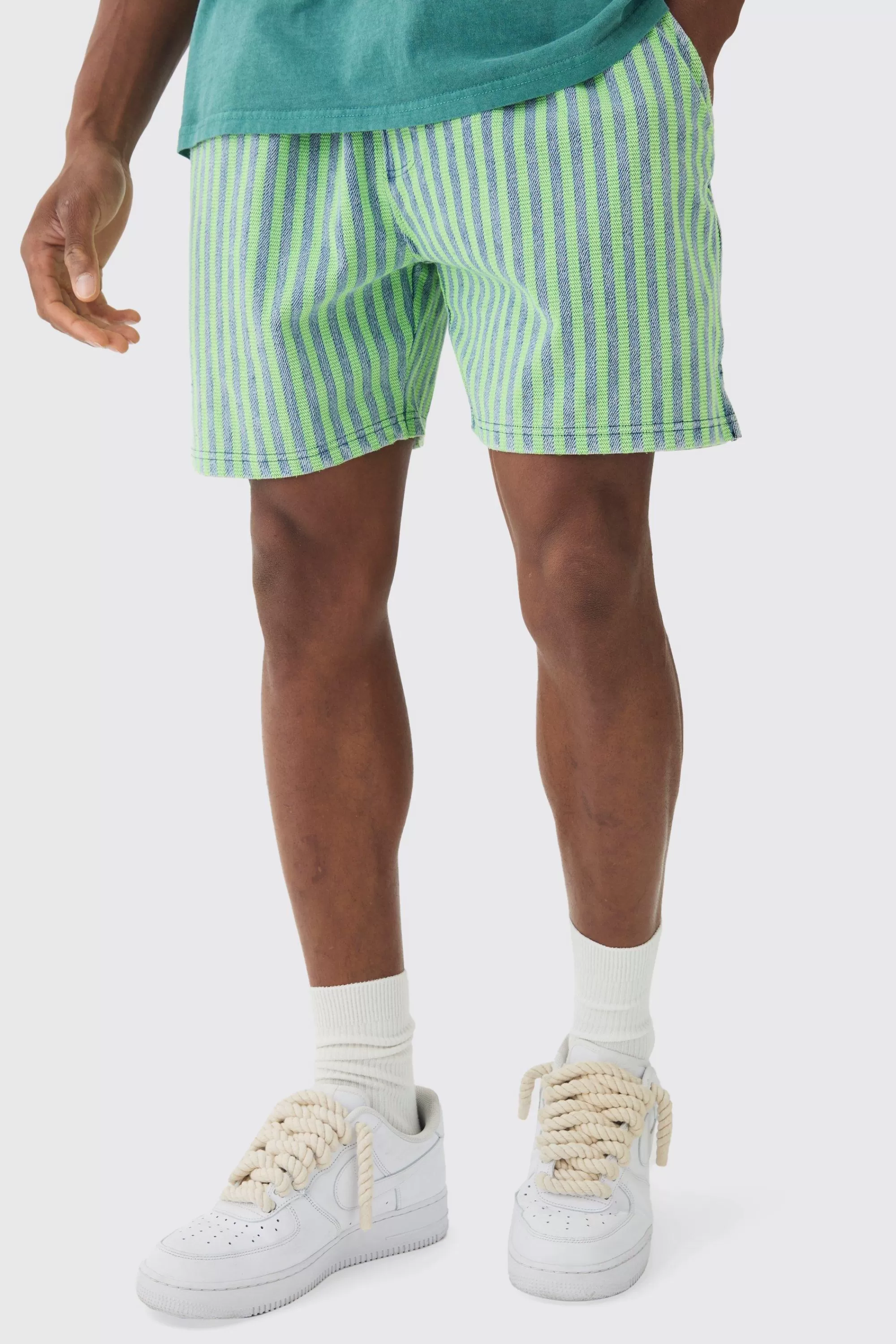 boohooMAN Relaxed Indigo Dyed Striped Short | UK