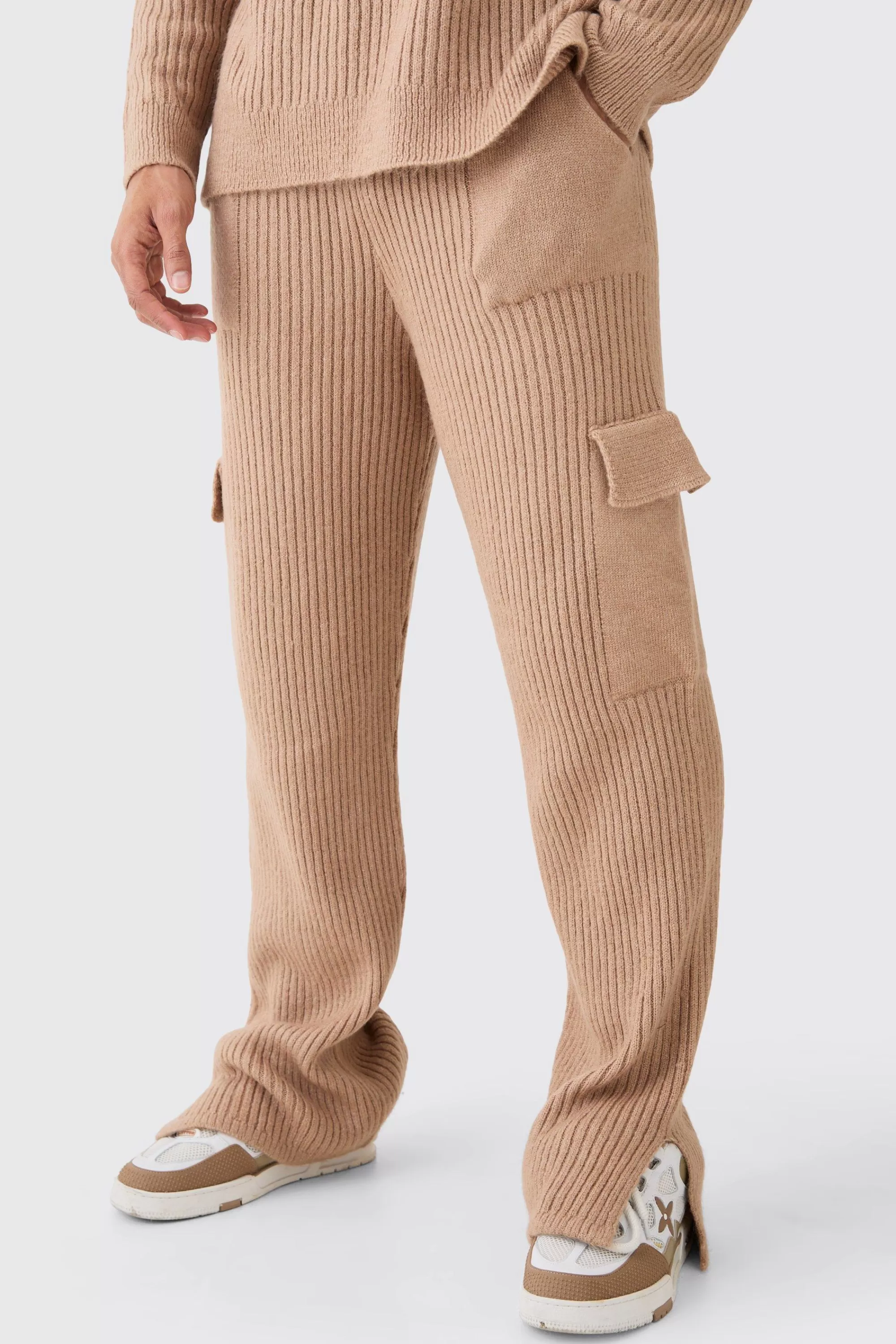 boohooMAN Relaxed Marl Ribbed Knit Cargo Joggers | UK