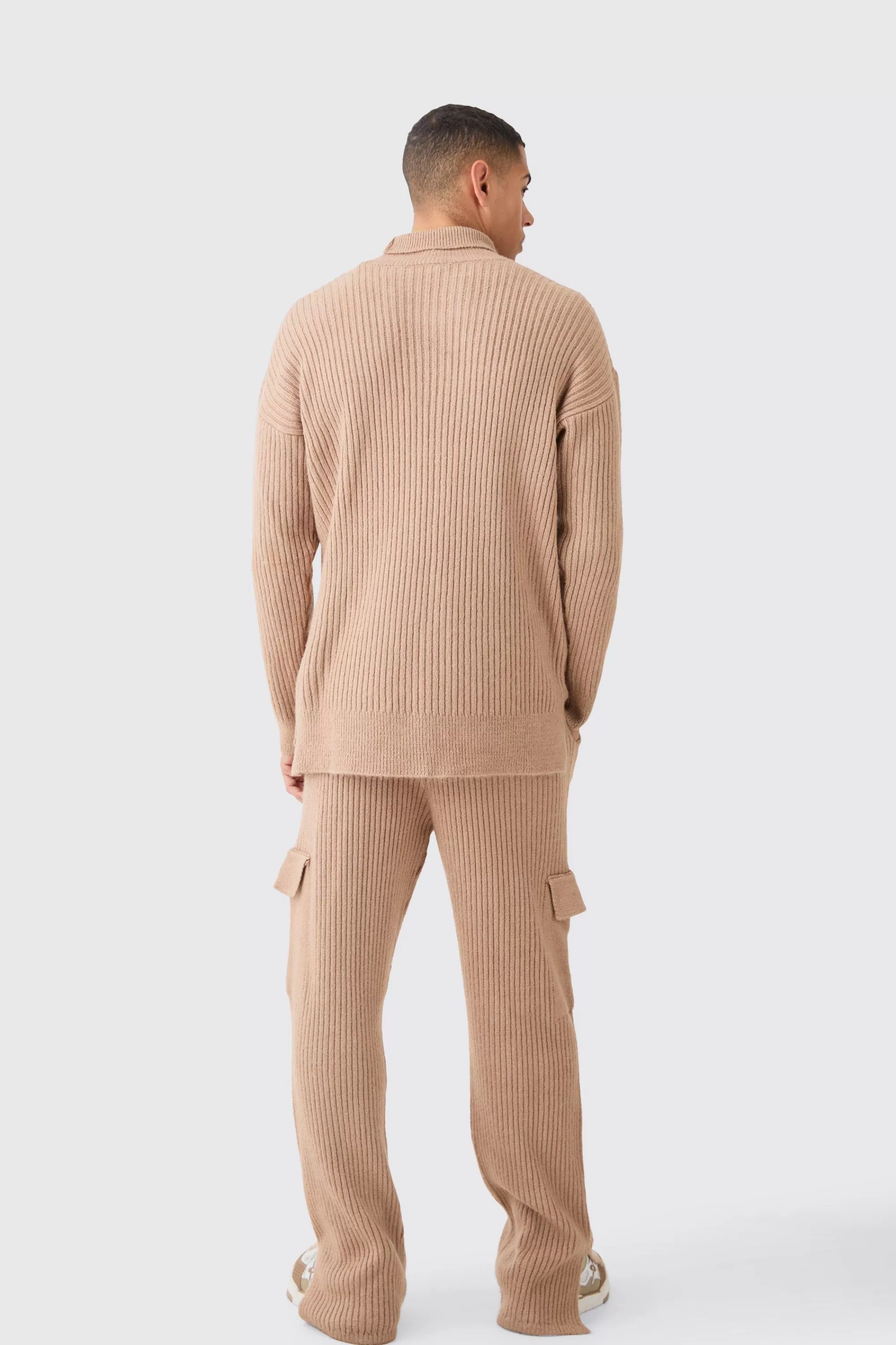 boohooMAN Relaxed Marl Ribbed Knit Cargo Joggers | UK