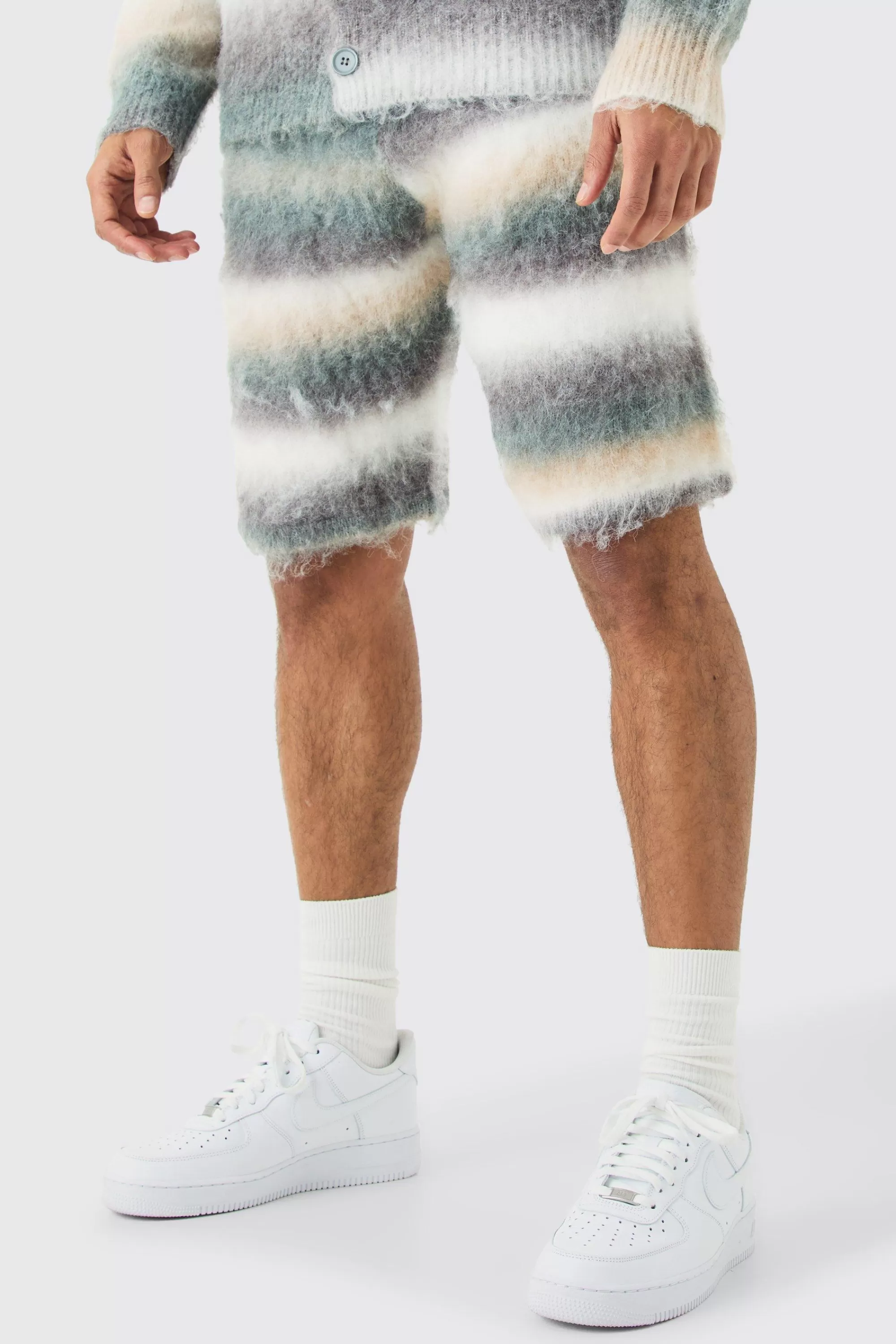 boohooMAN Relaxed Mid Length Knitted Brushed Stripe Short In | UK