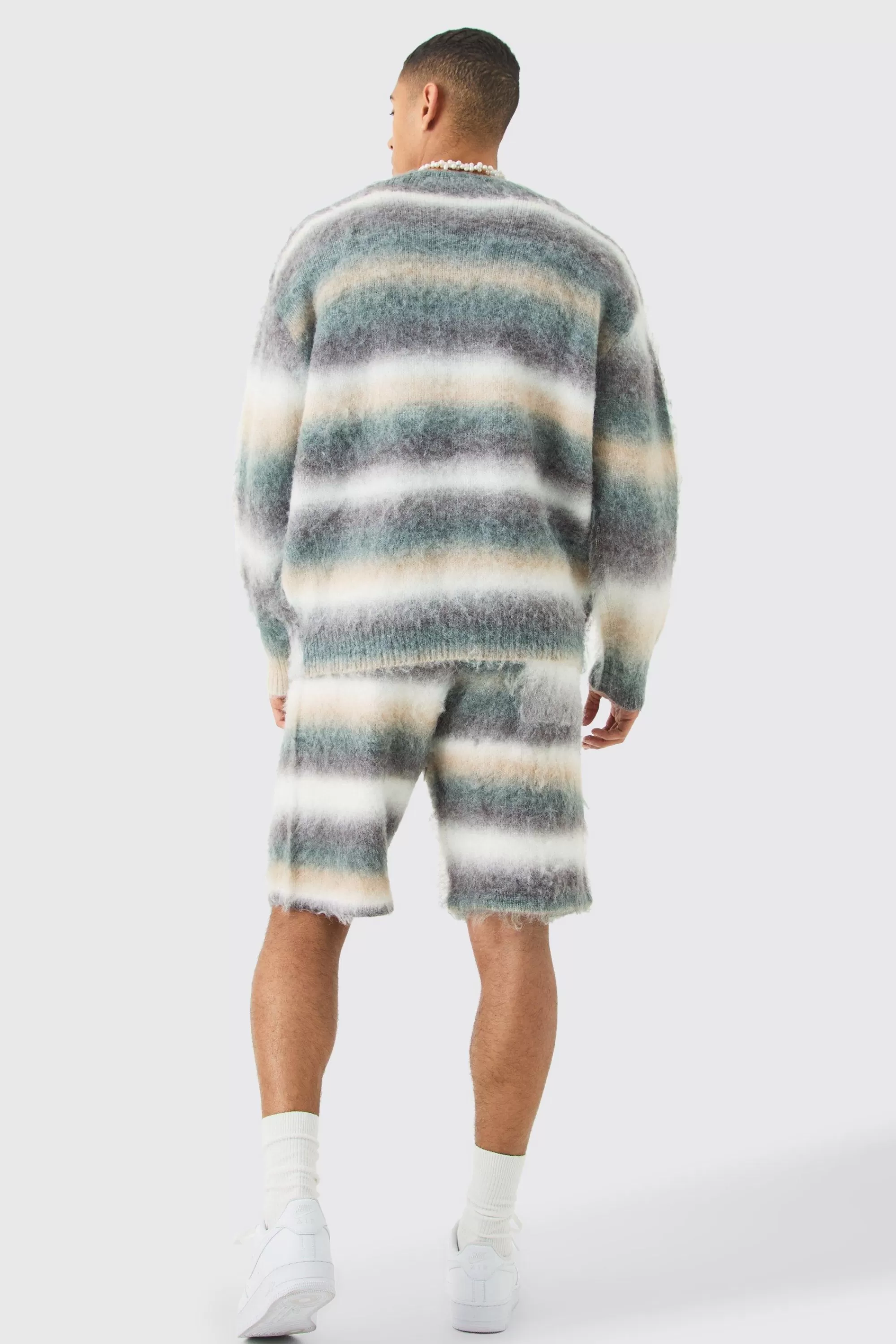 boohooMAN Relaxed Mid Length Knitted Brushed Stripe Short In | UK